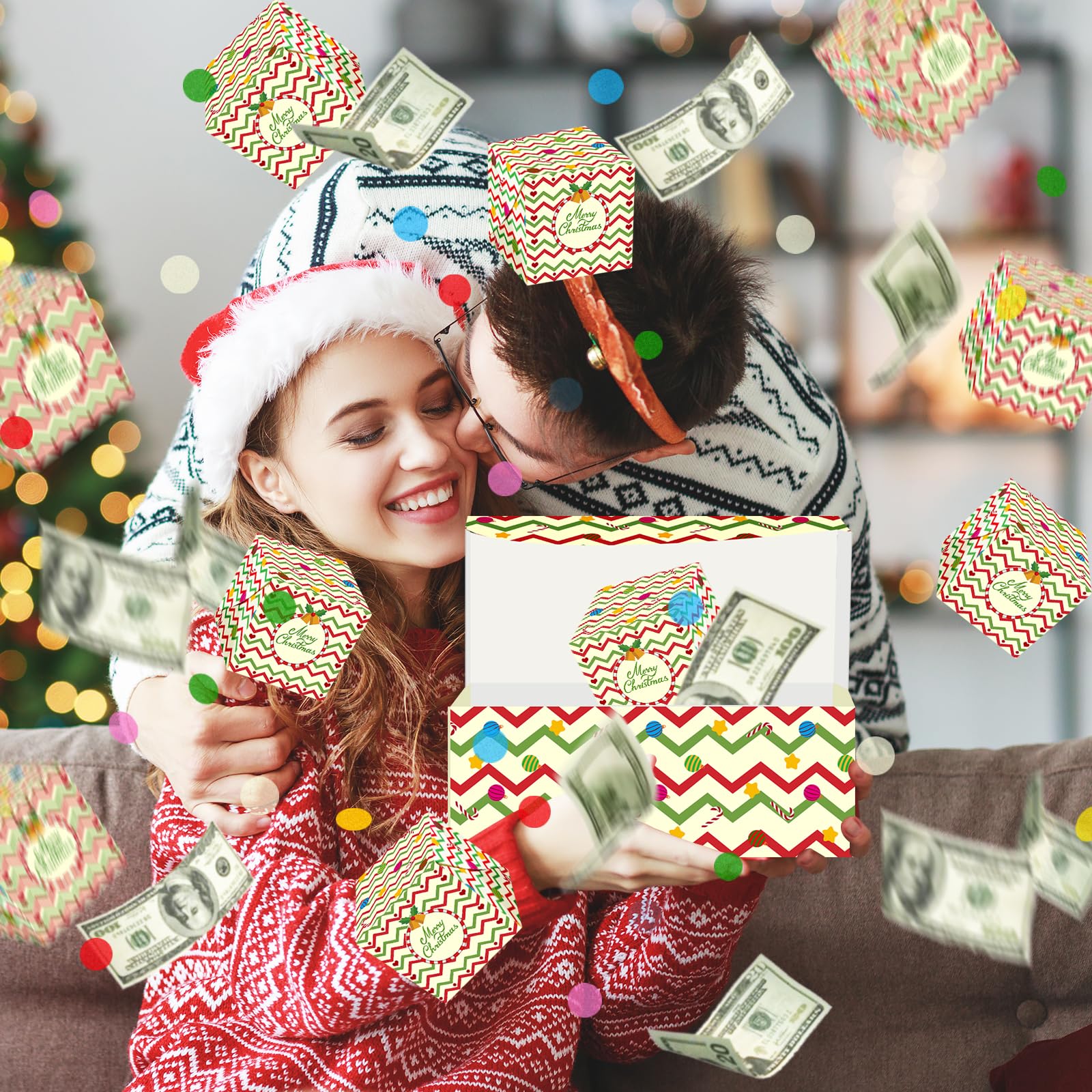 Christmas Surprise Money Gift Box with Confetti, Xmas Exploding Gift Box with 12 Folding Bounce Boxes, Confetti Explosion for Birthday, Party, Kids, Women, Men, Money Holder Box with Gift Bag