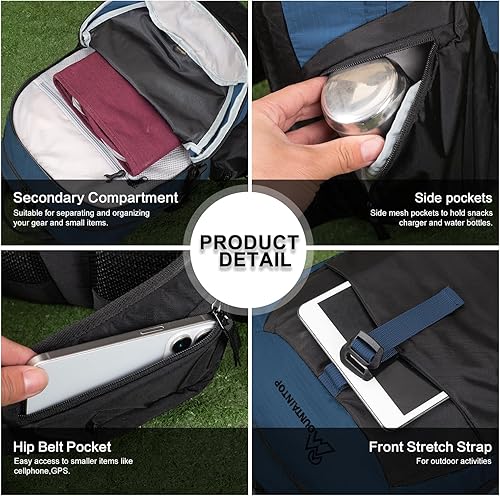 Miniatura 5 de MOUNTAINTOP Mochila de senderismo de 40L Mochila ligera para acampar con correa de cintura y cremalleras YKK, Negro&azul, Mochilas Daypack