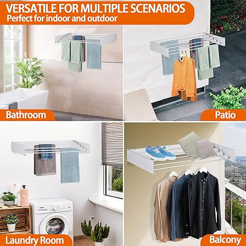 Miniatura 7 de FOCHIER F Tendedero de Ropa Tendedero de Secado Montado en Pared Plegable con 4 Varillas de Aluminio y Plantilla de Perforación Punta de