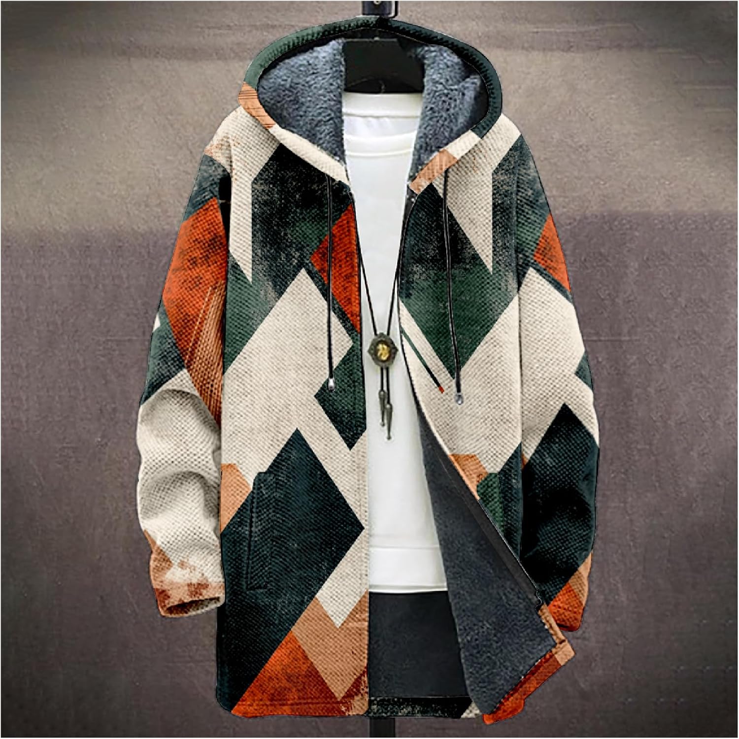 Mens Long Cardigan Hoodies Geometric Hooded Jacket Open front Knitted Sweater Hoodie with Pockets Winter Coats - Image 2