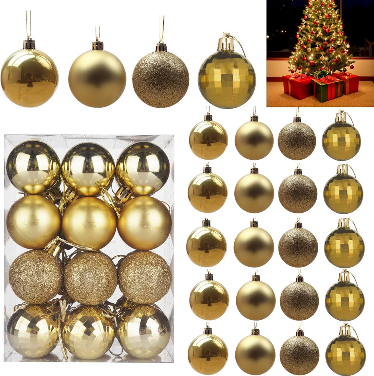 Christmas Ball (24 Pieces), Shatterproof Christmas Tree Decorations, Halloween Hanging Ball, Christmas Party Tree Decoration with Shiny Ball Decorations for Holiday Celebrate/ 1.6" Golden