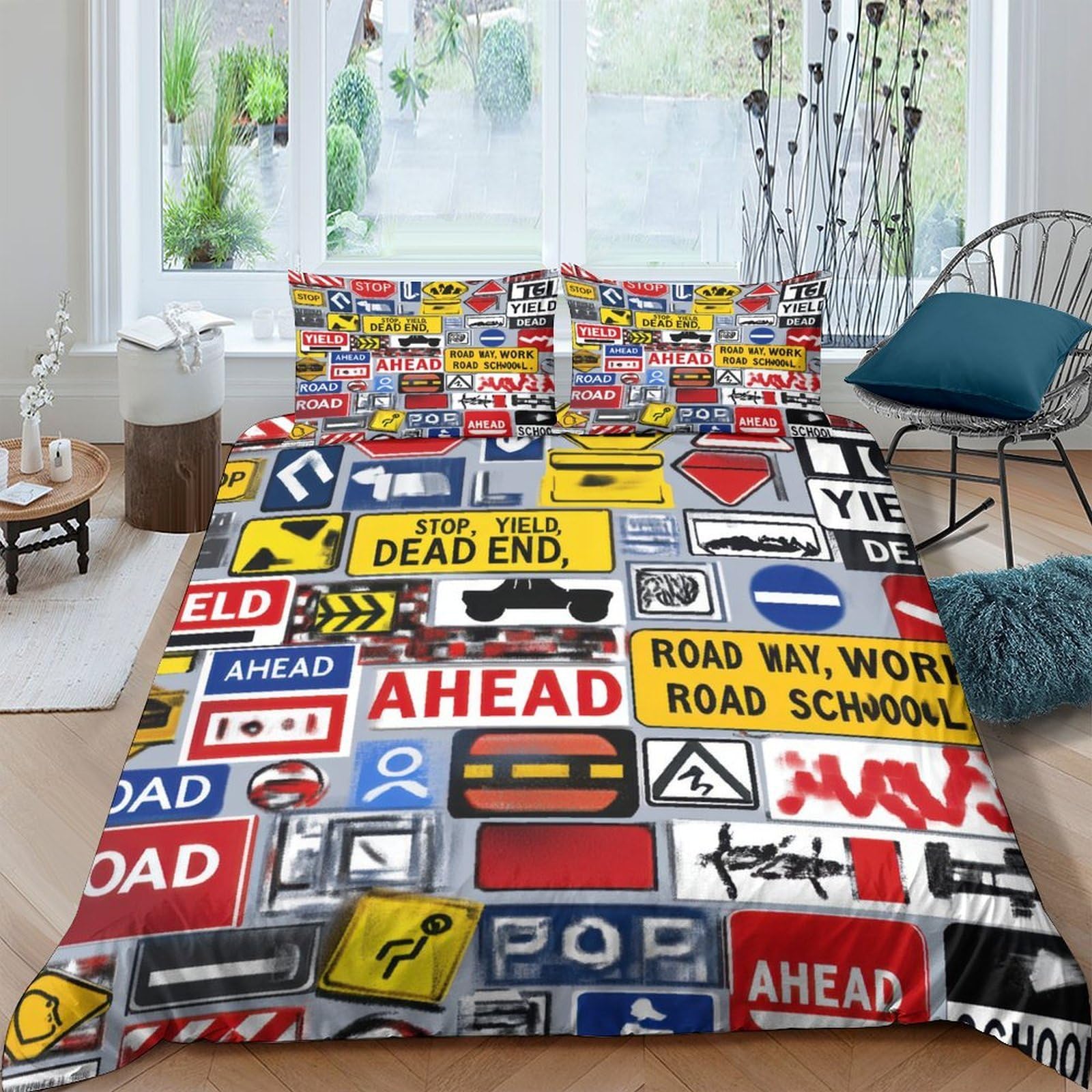 Ctjqhvkz Style-4 3D Printed Road Sign Fitted Sheet Microfiber Soft Breathable Street Traffic Bed Cover For Bedroom Guest Room Decor Single（135X200cm）