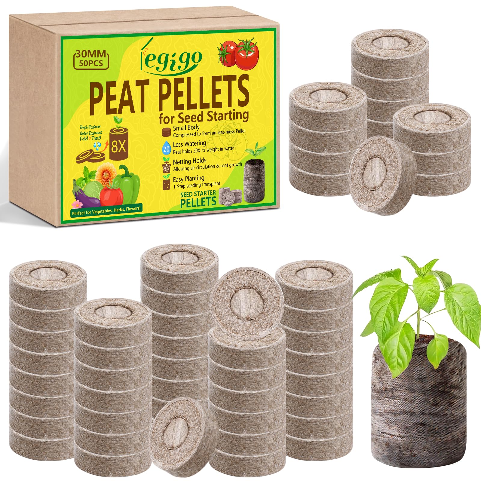 Legigo 50 Pcs 30mm Peat Pellets for Seedlings, Seed Starter Soil Pods
