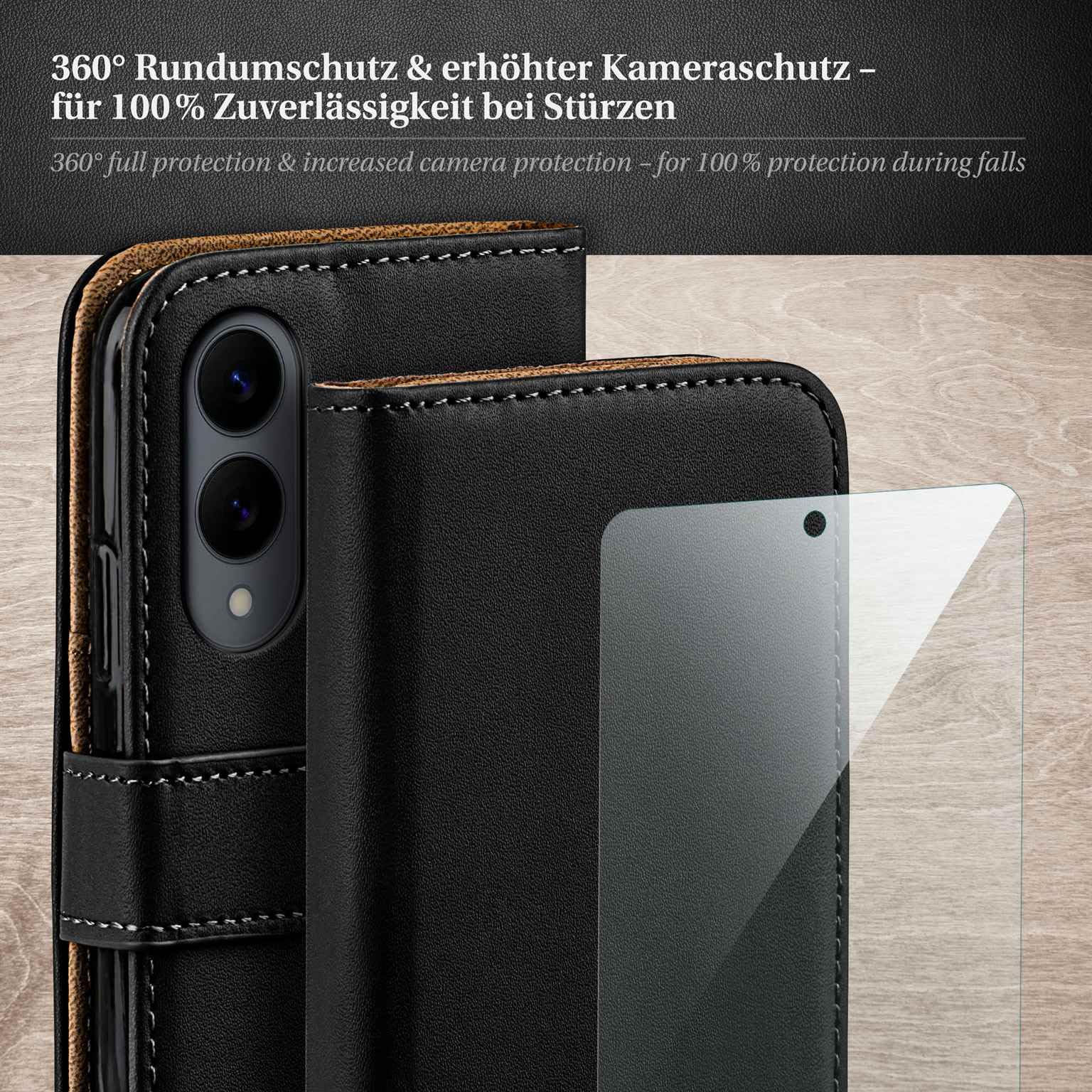 moex Set 4 in 1 per Samsung Galaxy S25 Edge con 3 pellicole protettive, scomparto per carte di credito, custodia a libro e pellicola FlexProtect, protezione completa a 360°, colore nero