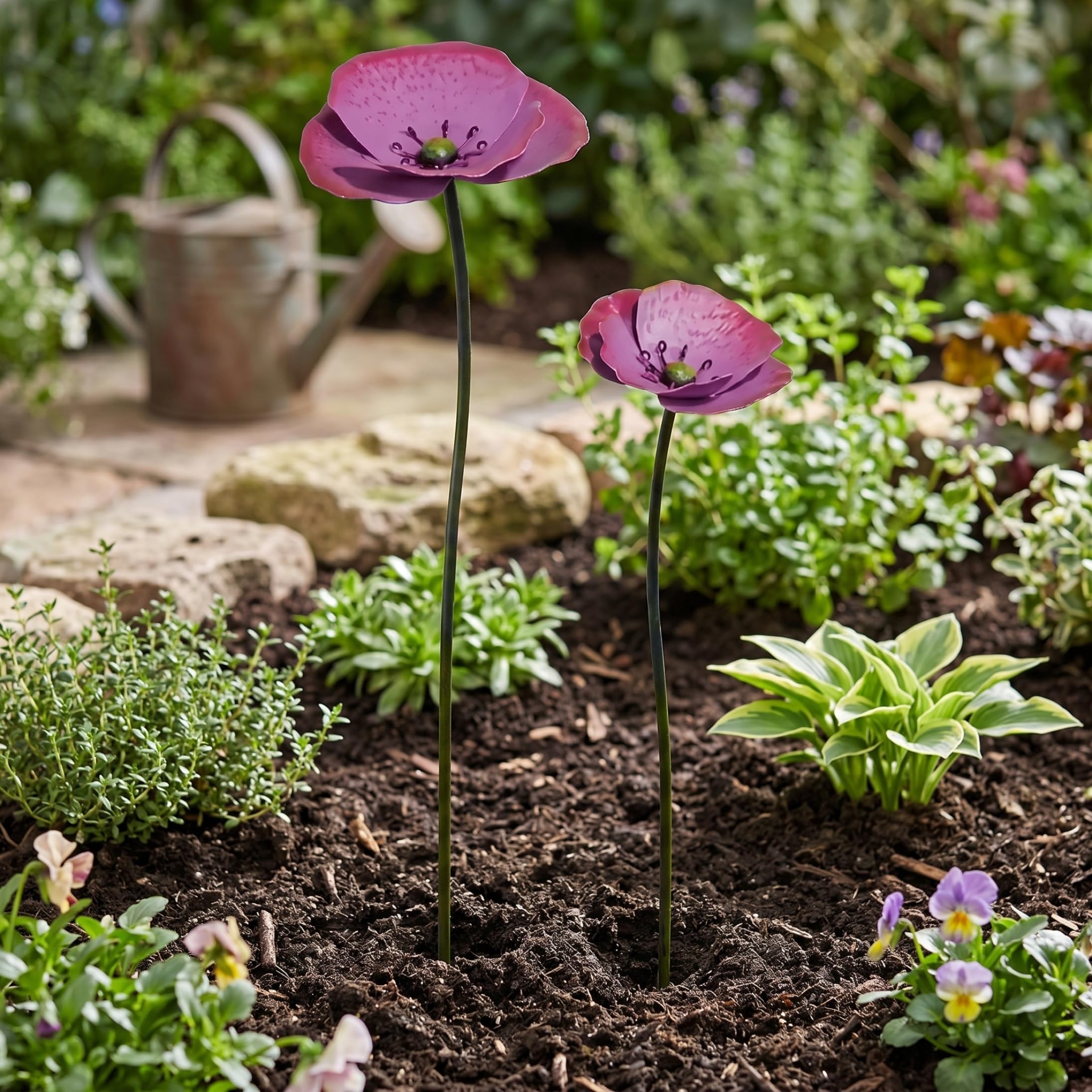 2pcs Metal Flower Garden Stakes, Outdoor Metal Flowers, Weather Proof Flower Stakes for Yard Porch Lawn Pathway Pot Decorations, Purple, Flowers For Outside