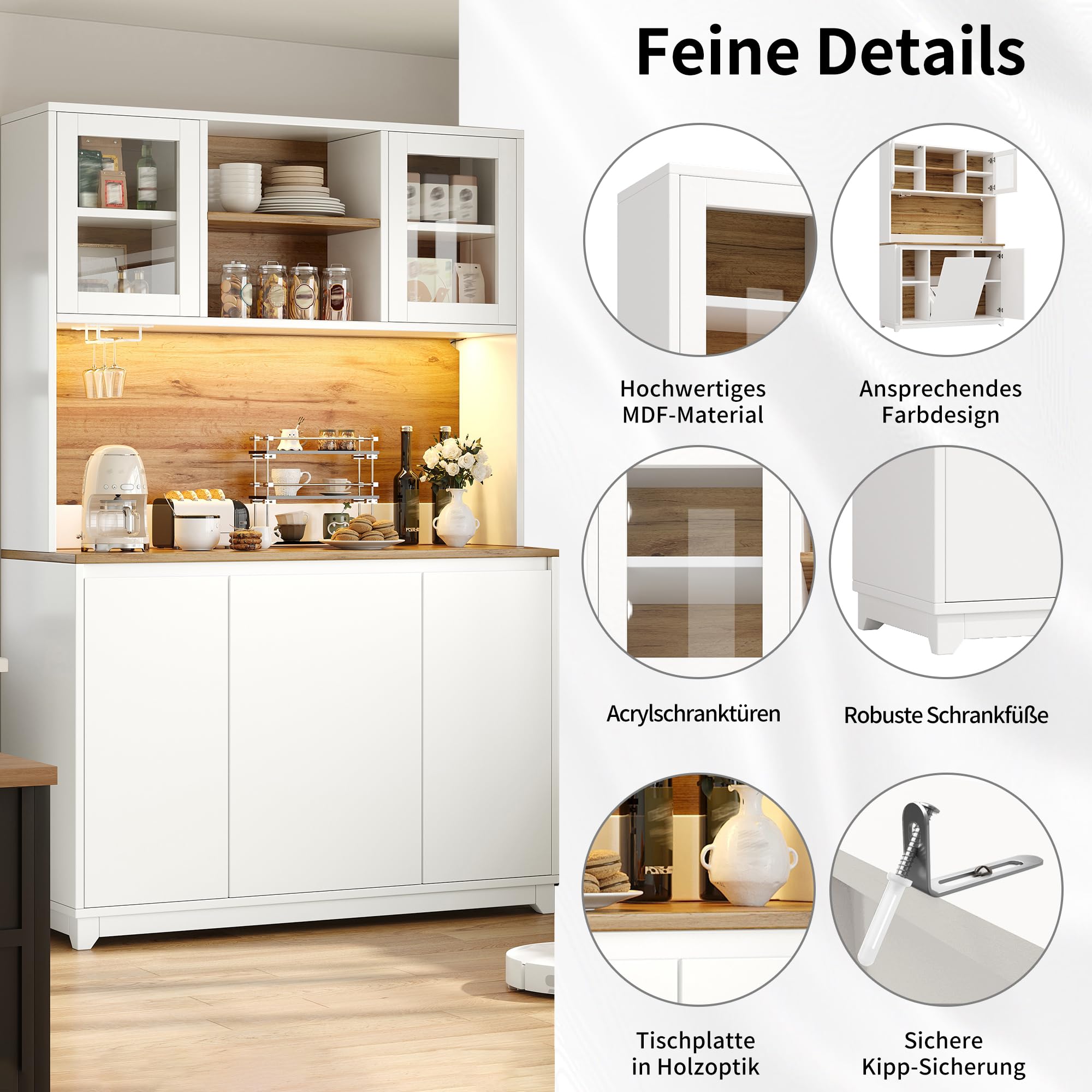 Modern Küchenschränke mit LED-Beleuchtung und Sideboards, Buffetschrank mit Acryltüren und Staufächer, Hochschrank mit Offene Ablagen, Weiß-A, 120x40x180 cm