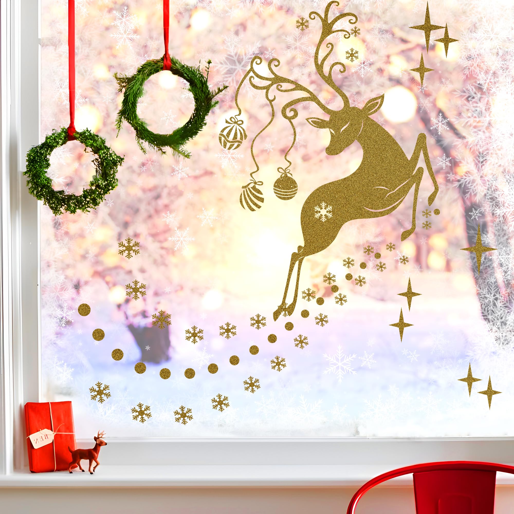 Durable Vinyl Christmas Window Stickers, Double Sided Santa Reindeer Snowflake Decorations, Removable Rudolf Xmas Decals Home, Wall, Office, Shop, Holiday Party Décor, for 1-1.2M Window, Gold