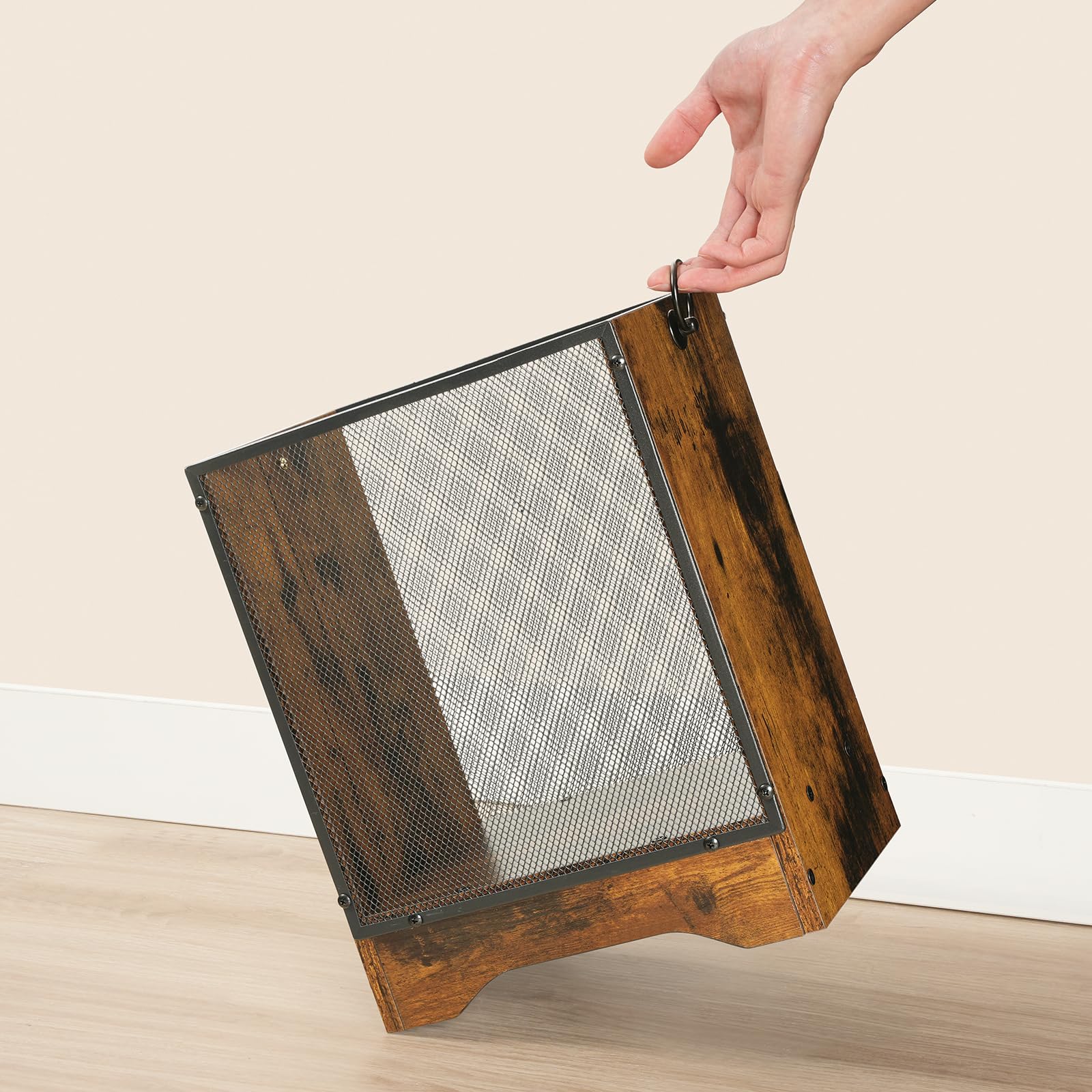 HOOBRO Papelera Vintage de Malla Metálica y Estructura de Madera, Cubo de Basura Rectangular Retro, Asas Laterales y Base Elevada, para Oficina, Sala y Dormitorio, Marrón Vintage y Negro EBF06LJ01G1