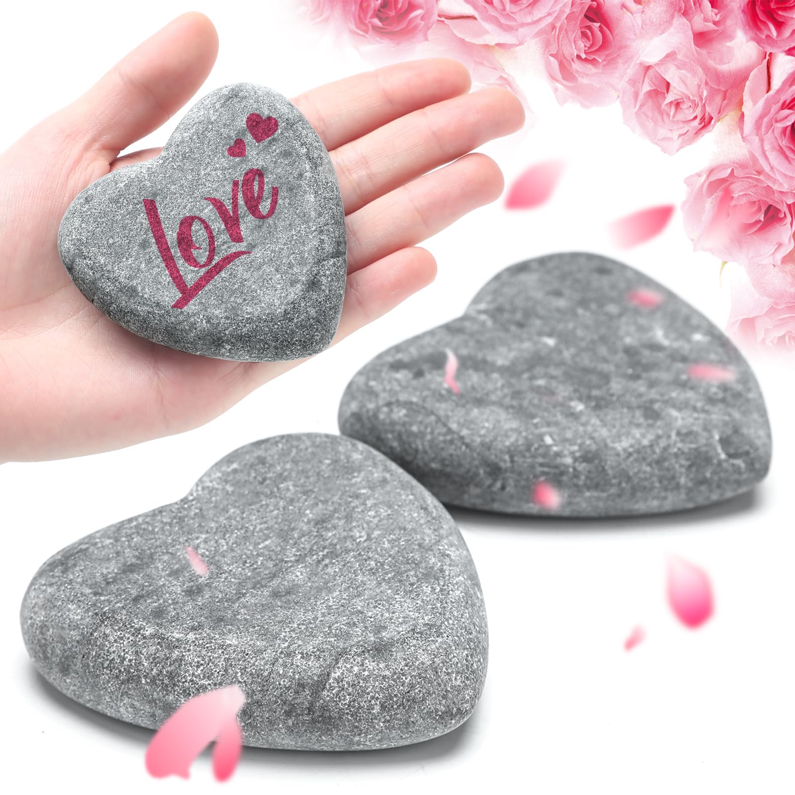 Funnymoom 2 Pcs 75mm Valentines Day Heart Shape Rock Gift Large Natural Gray Hand-Cut Stones Valentines Day Gift for Her DIY Craft Wedding Bridal