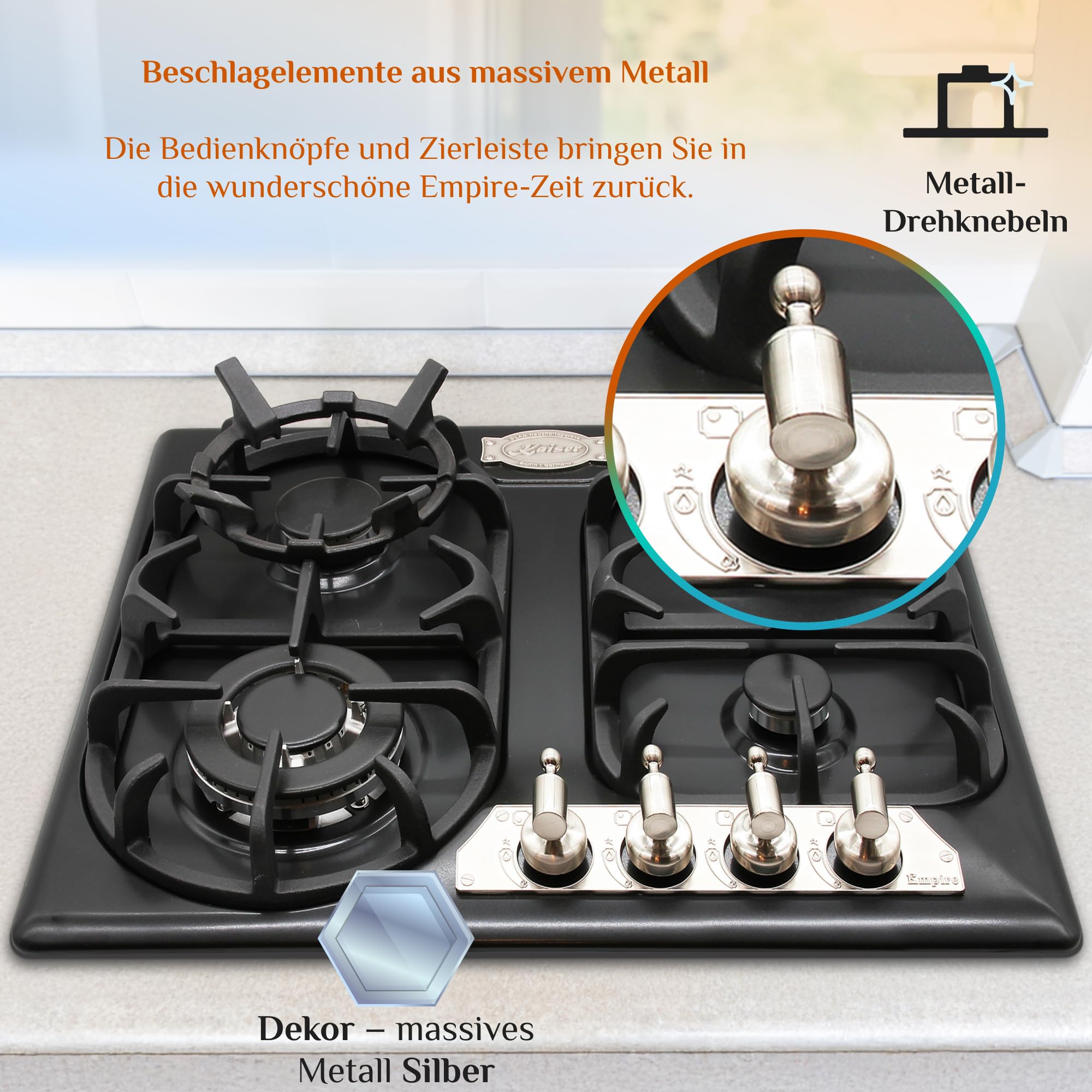 Kaiser Empire KG 6325 Em Sil Turbo ekskluzywna płyta kuchenna na gaz, 60 cm, autark antracyt, 4 wysokiej jakości palniki, WOK 3,8 kW, ergonomiczny knebel obrotowy, gaz ziemny i propan