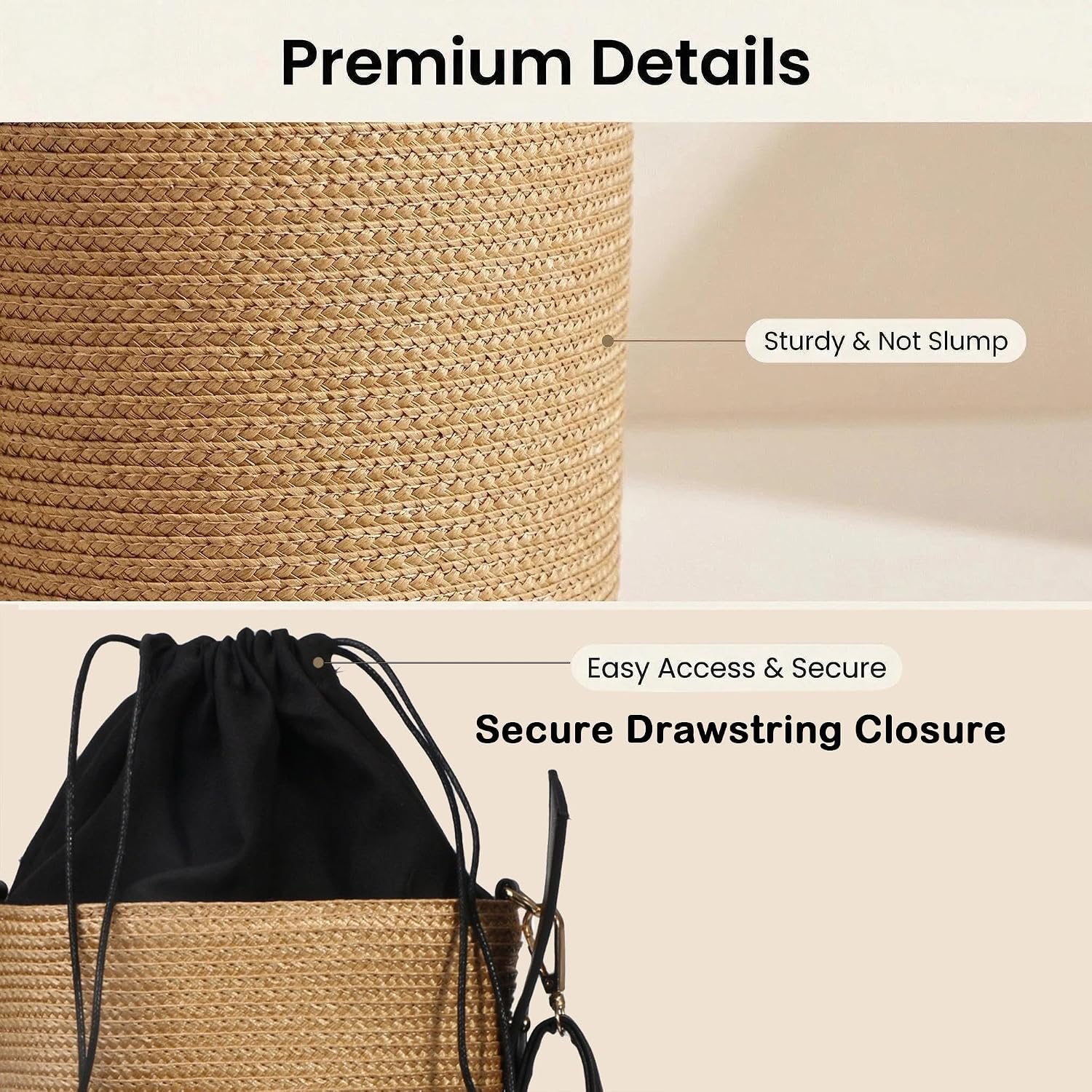 Eiyye Mini Woven Bucket Bag for Women Lightweight Straw Style Crossbody Purse with Leather Strap Drawstring Closure Summer Boho Handbag