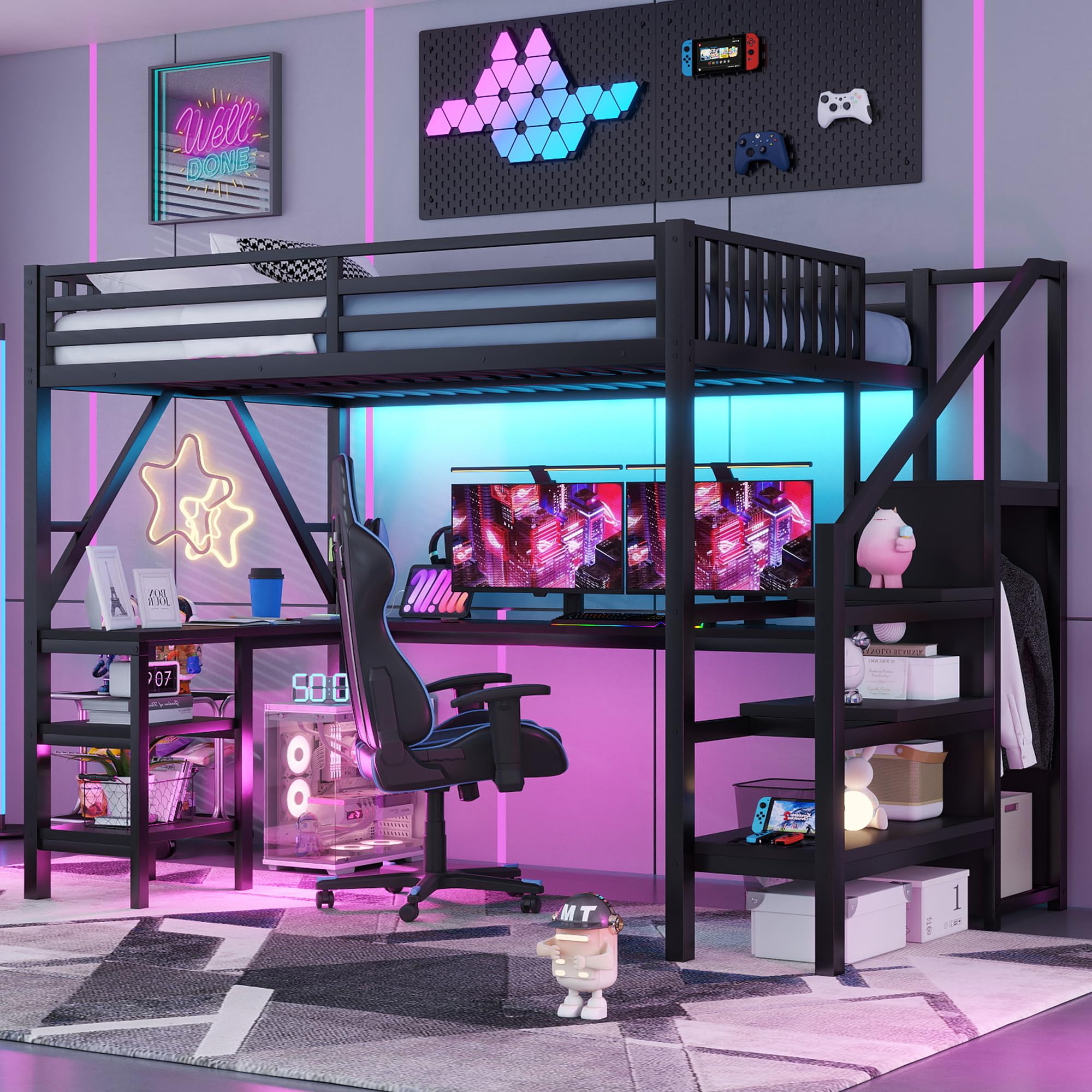 Full Size Loft Bed with Desk and Stairs, Gaming Loft Beds with RGB LED Light and Storage, Heavy-duty Metal Loft Bed Frame with Wardrobe, Shelves and Charging Station for Adults Kids Teens, Black