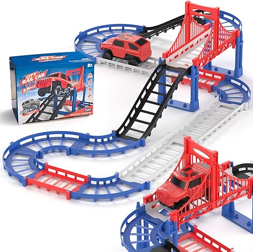 JOYBLI DIY Construction Race Track Set, 24 Pieces with Battery Powered Car,Bridge Building Track ，Assembly Track Builder Playset Gifts Toys for Boys Kids Age 6 7 8