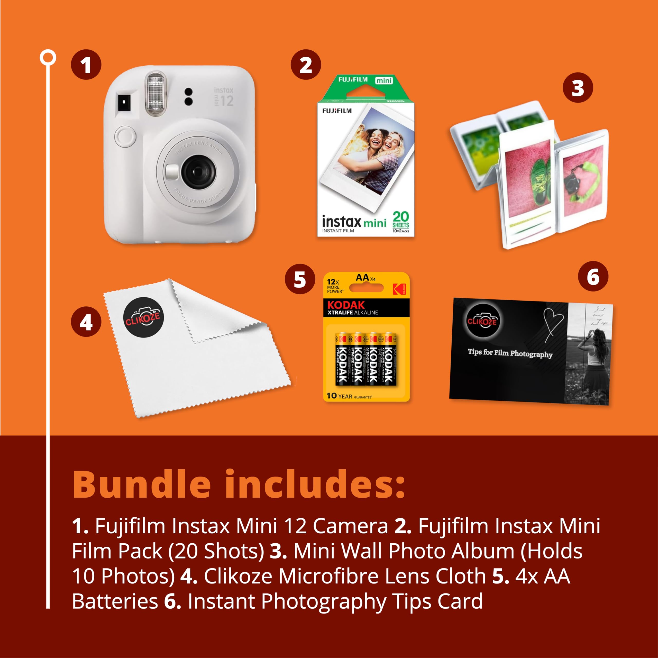 Instant Camera Bundle with Fujifilm Mini 12 Camera, Fujifilm 20 Shot Mini Film, 4 x AA Batteries, Wall Album, Clikoze Lens Cloth and Instant Photography Tips Card (White) — view 7