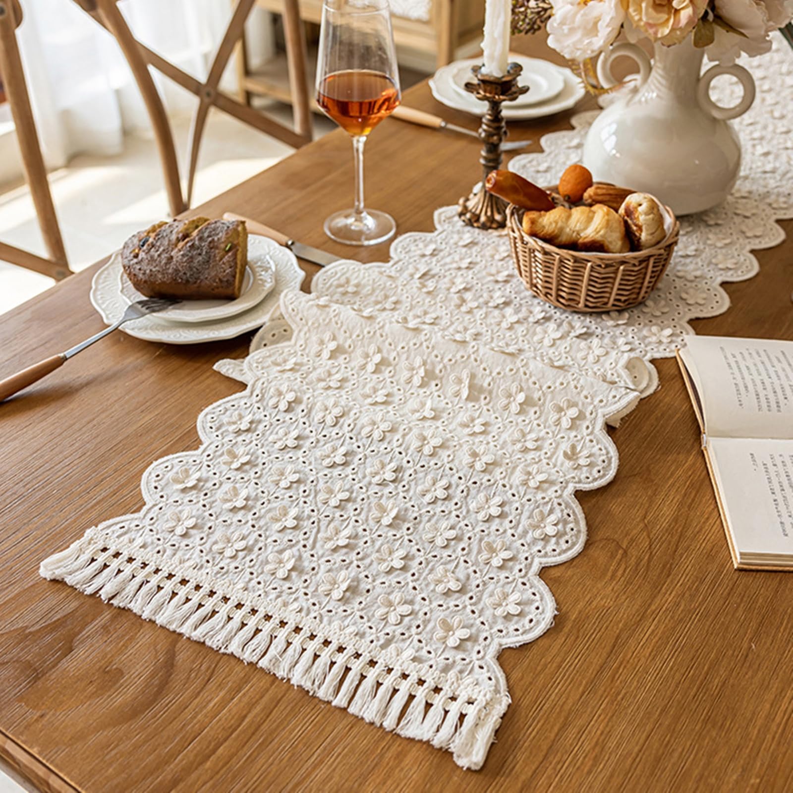 Runner da Tavolo Cotone 33x160 cm, Runner da Tavola Moderno Lavabile Motivo Fiori 3D A Cerchi Vuoti con Nappe Decorazioni Matrimonio Tavoli per Cucina, Beige Bianco