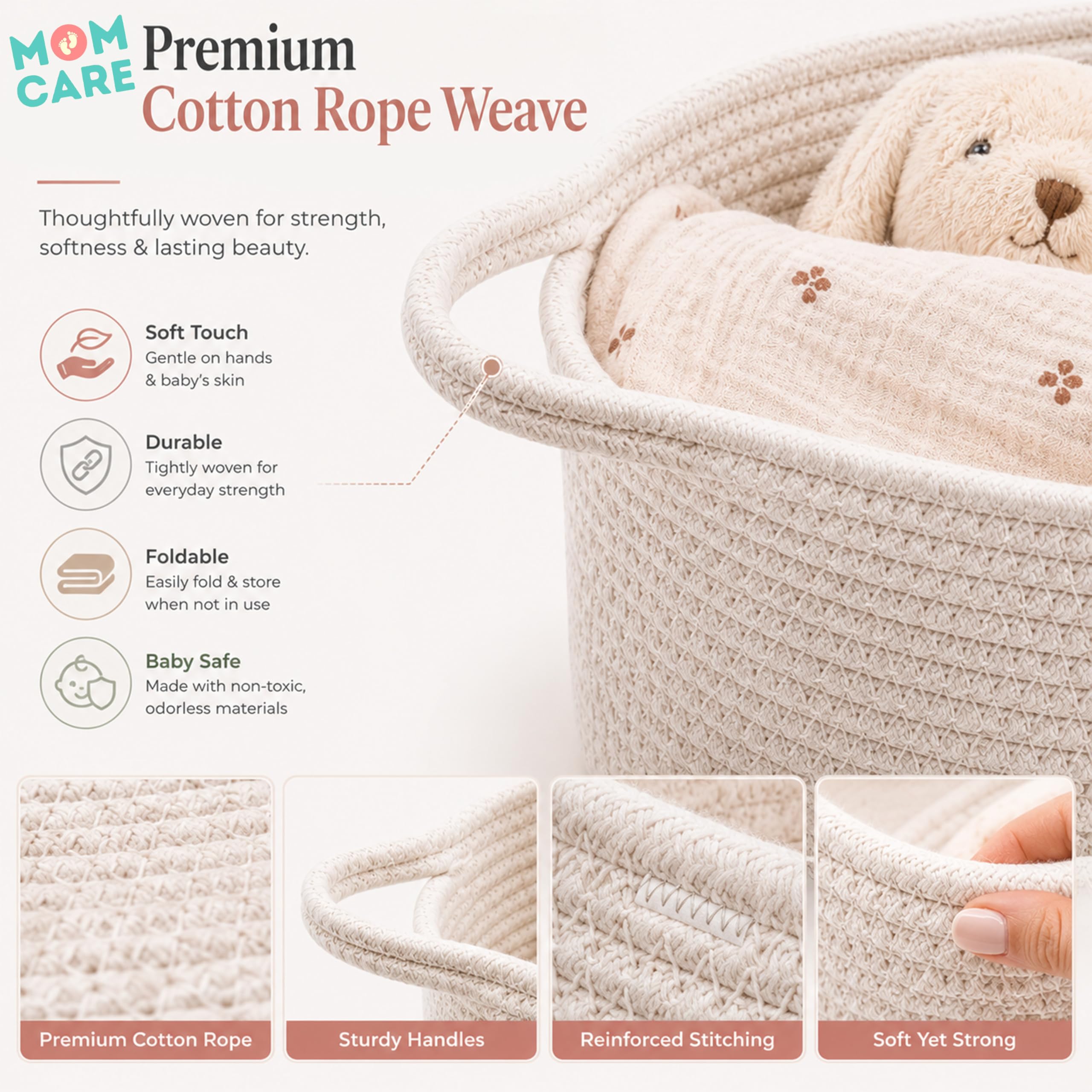 MOM CARE Cotton Rope Diaper Caddy Organizer for Baby Essentials | Nursery Storage Basket with Handles | Foldable Baby Organizer Bin for Diapers, Toys, Clothes & Nursery Storage | White 2