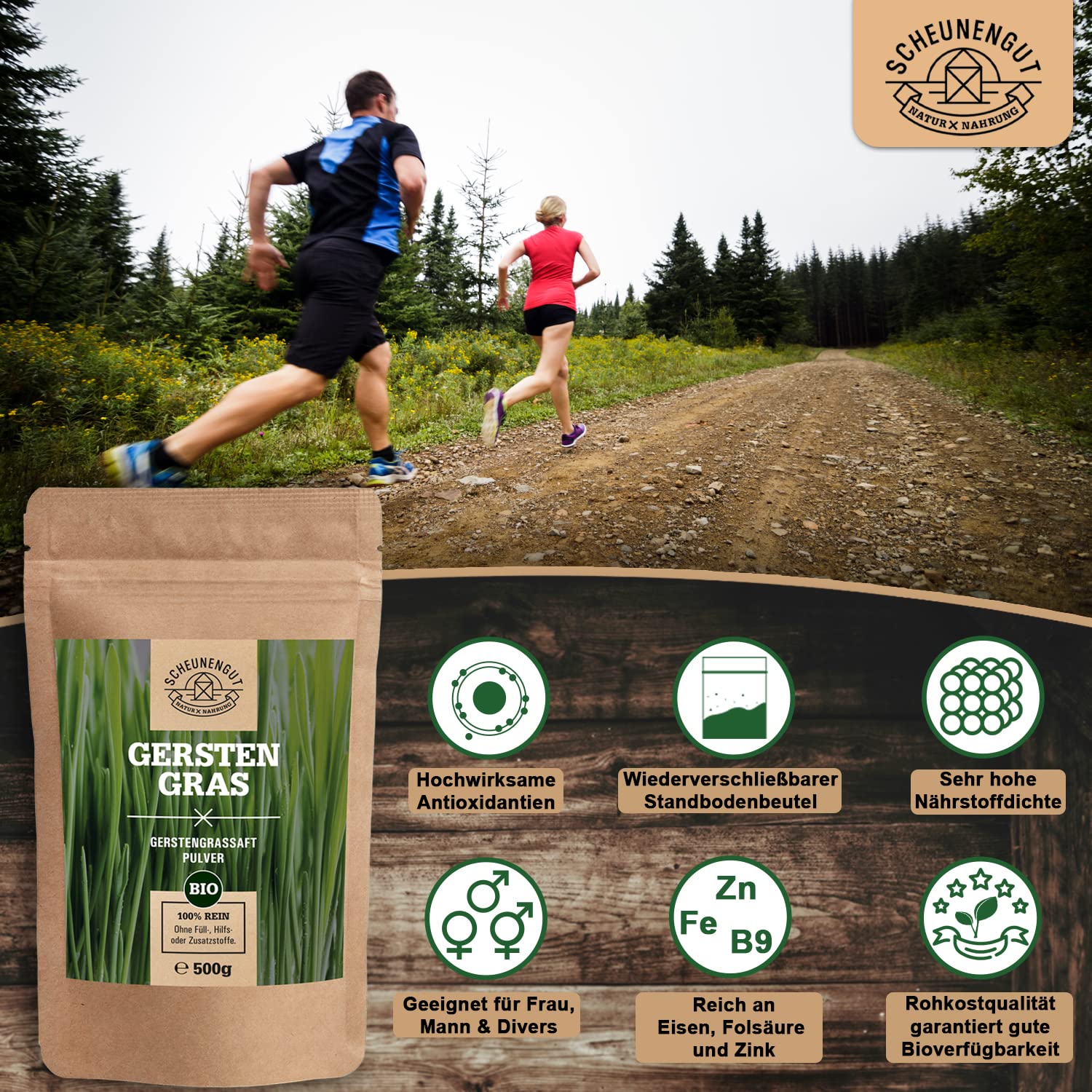 Gerstengrassaft Pulver Bio -WICHTIG: 100% Zertifizierte Bio-Ware aus den USA (500 Gramm) Reines Naturprodukt I Vegan + Laborgeprüft -Deutsche Produktion- SCHEUNENGUT®