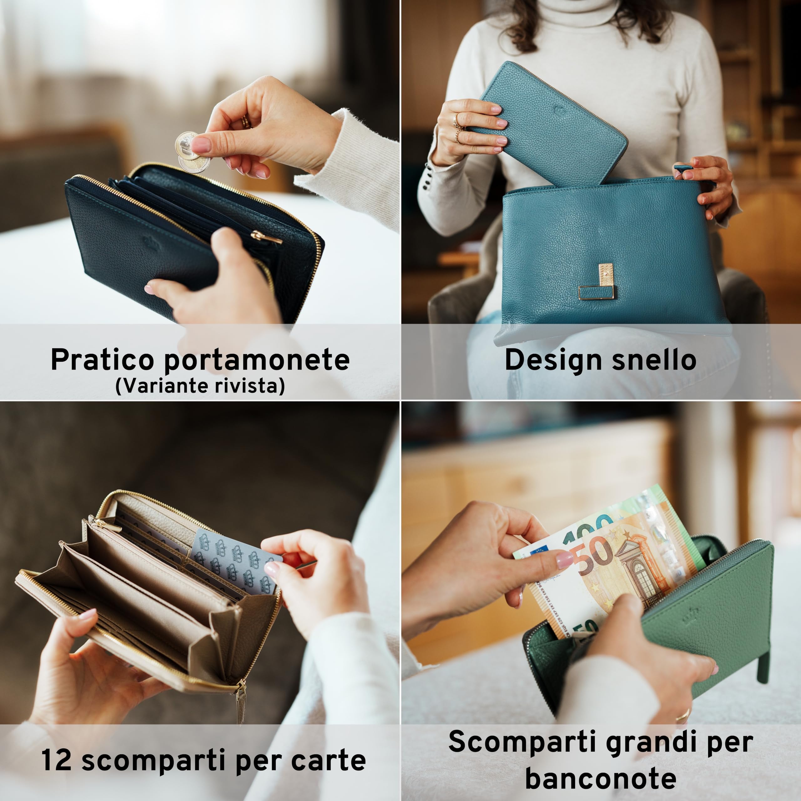 Baur portafoglio da donna – vera pelle con protezione RFID – portafoglio grande con 12 scomparti per carte – cerniera a giro in metallo (Cerniera oro, Rosso)