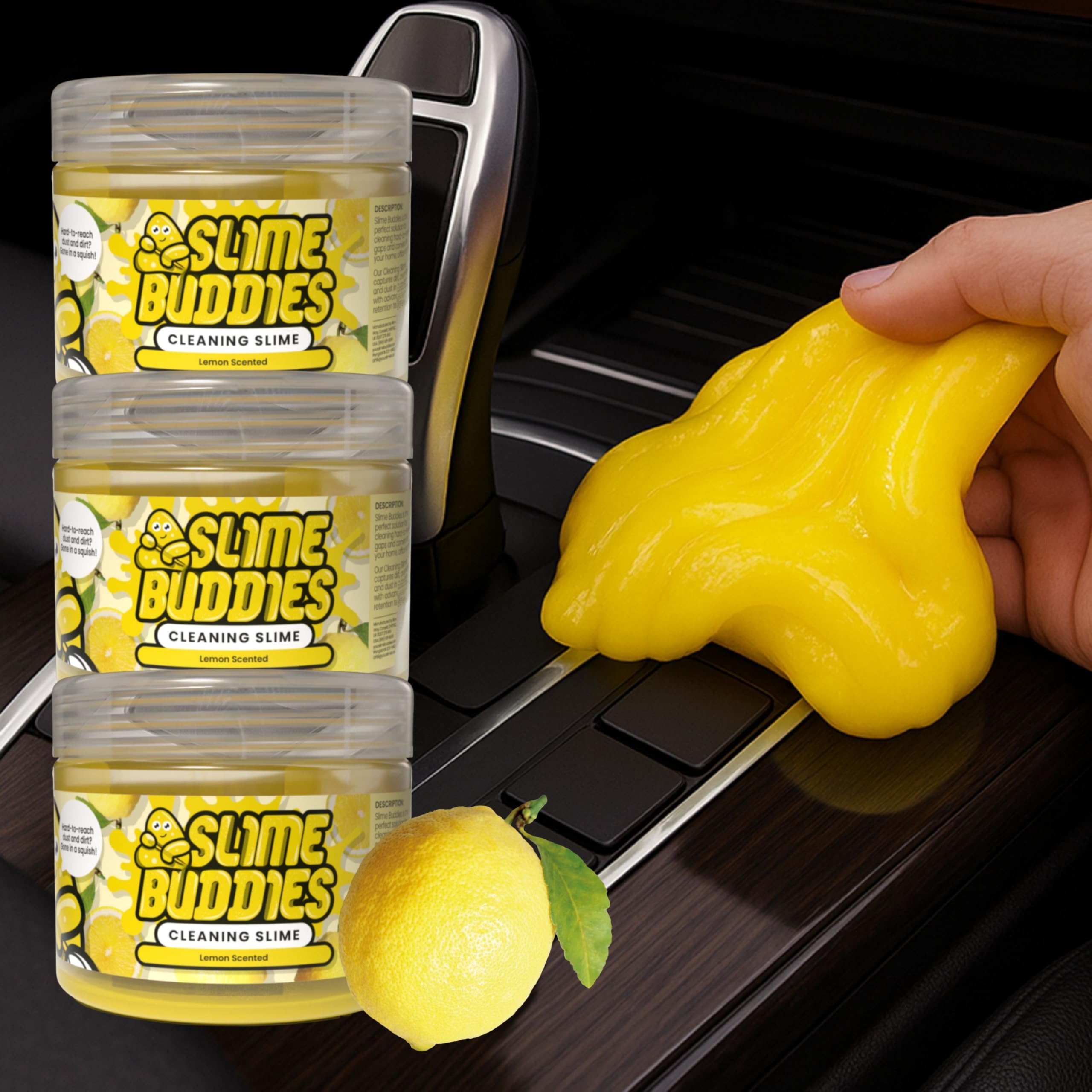 Slime Buddies Cleaning Gel | Pack of 3 - Great for Car Interiors, Cup Holders, Keyboards & More | Reusable Cleaning Slime - Lemon
