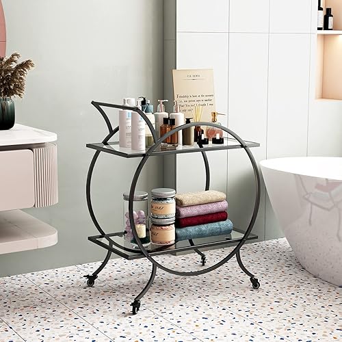 Miniatura 5 de Carritos de bar industriales para el hogar, carrito de barra rodante, negro con ruedas giratorias bloqueables, carritos de barra de vidrio con 2