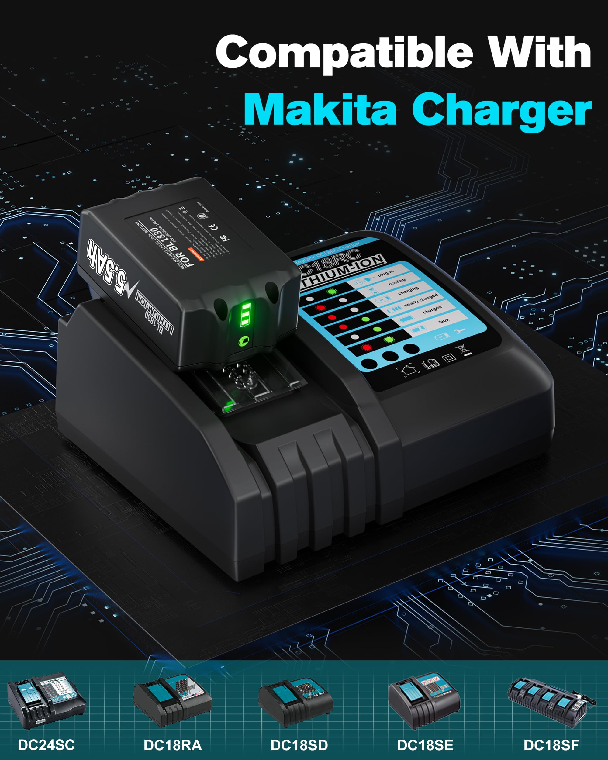 2 X 18V 5500mAh Ersatzakku für makita 18V Akku Li-ion BL1850 BL1850B BL1830 BL1860B BL1845 BL1835 BL1815 194205-3 LXT-400 BL1860 5.5Ah Akku with LED Werkzeugakku