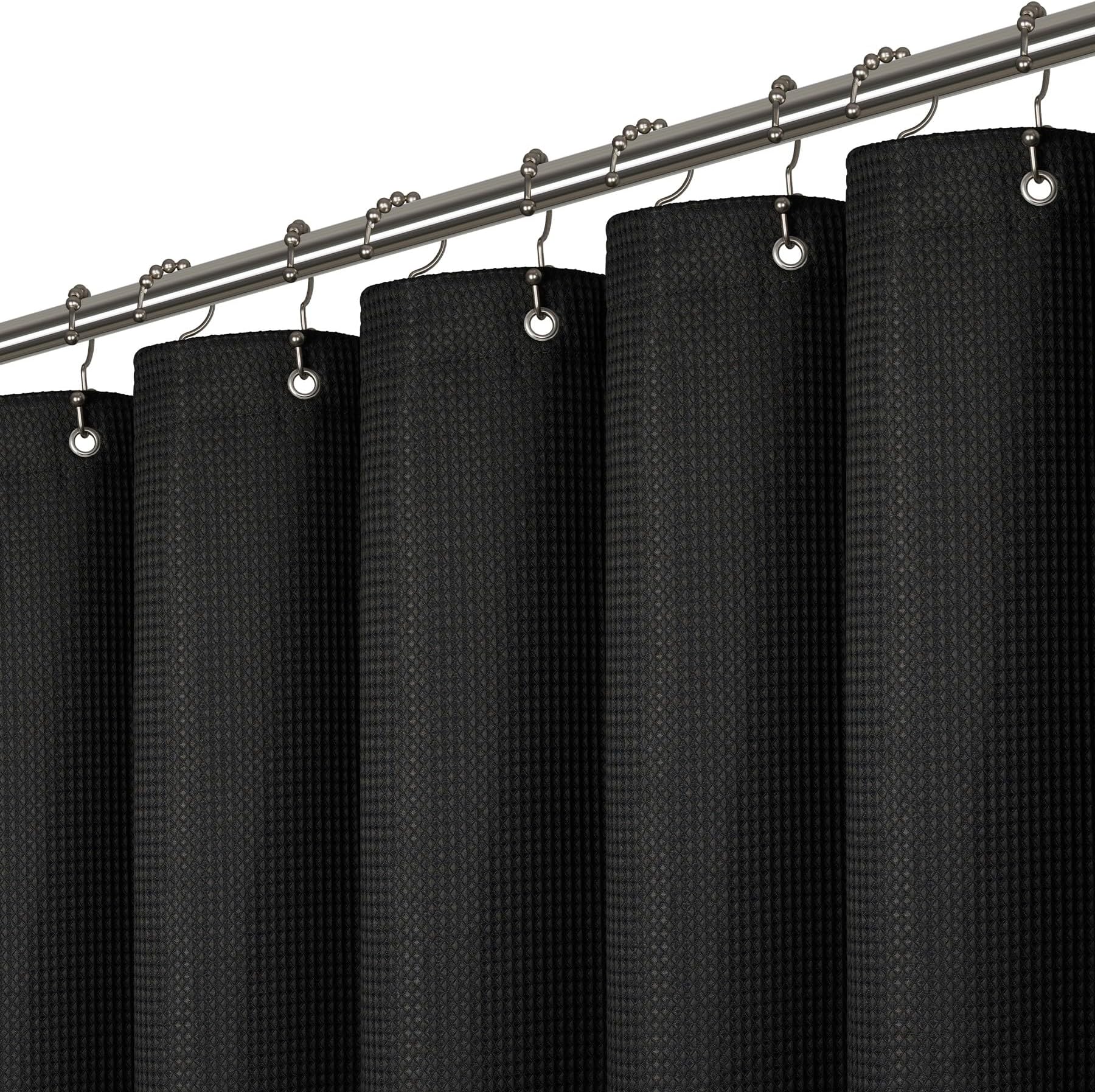 LiBa Waffle Weave Fabric Black Shower Curtain, 72 W x 72 H Water Repellent & Heavyweight, Hotel Quality & Machine Washable Cloth Linen Shower Curtains Set and for Bathroom