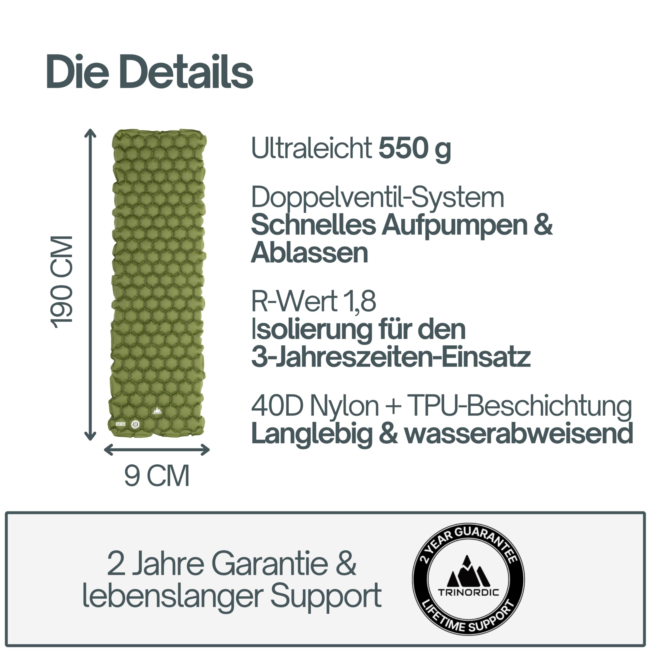 TRINORDIC 550g Ultraleichte Aufblasbare Isomatte – Kleines Packmaß, Ideal für Wandern & Bikepacking