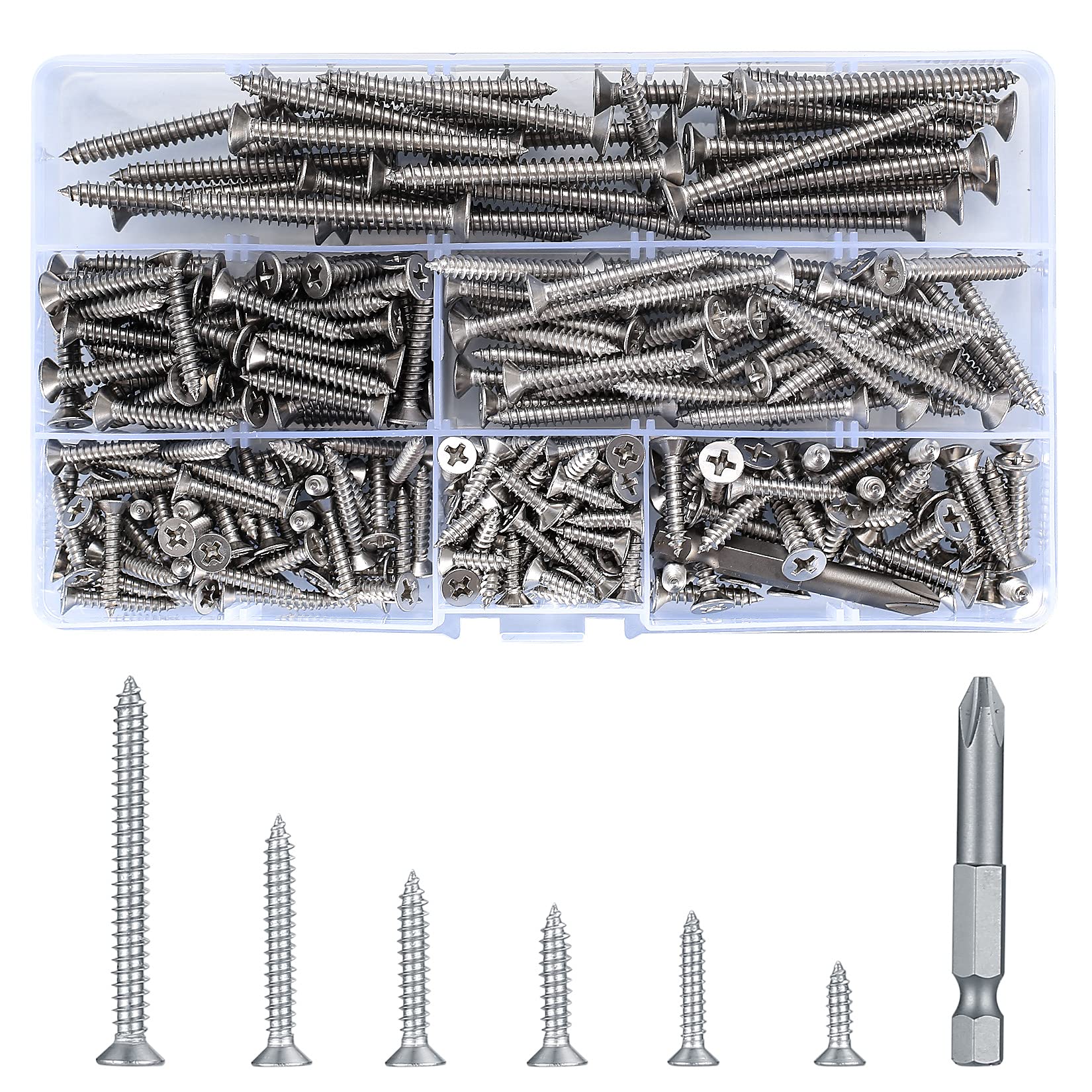 300 Pcs Stainless Steel Wood Screws, Cross Drive Flat Head Screws Assortment Kit