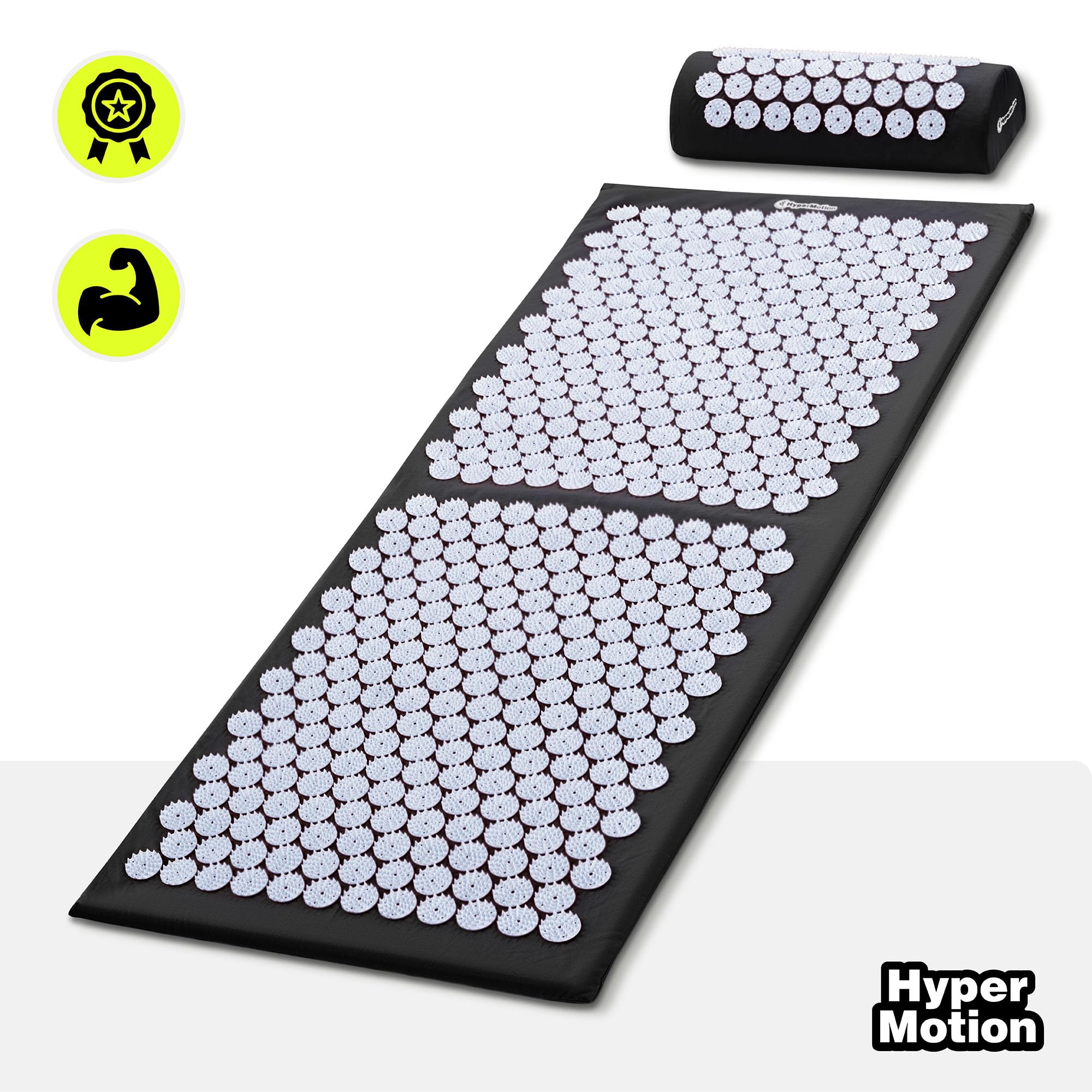 HyperMotion Akupressurmatte mit Kissen - Akupunktur Matte - Massagematte Ganzkörpermassage und Regeneration, Akupressurmatte Set für Entspannung Schwarz-Weiß, 130 x 50 x 2 cm