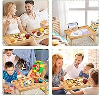 Vista 6 de Moretoes Bandeja de cama de 2 piezas para comer, bandeja de desayuno de bambú con patas plegables ajustables y soportes para teléfono para sofá