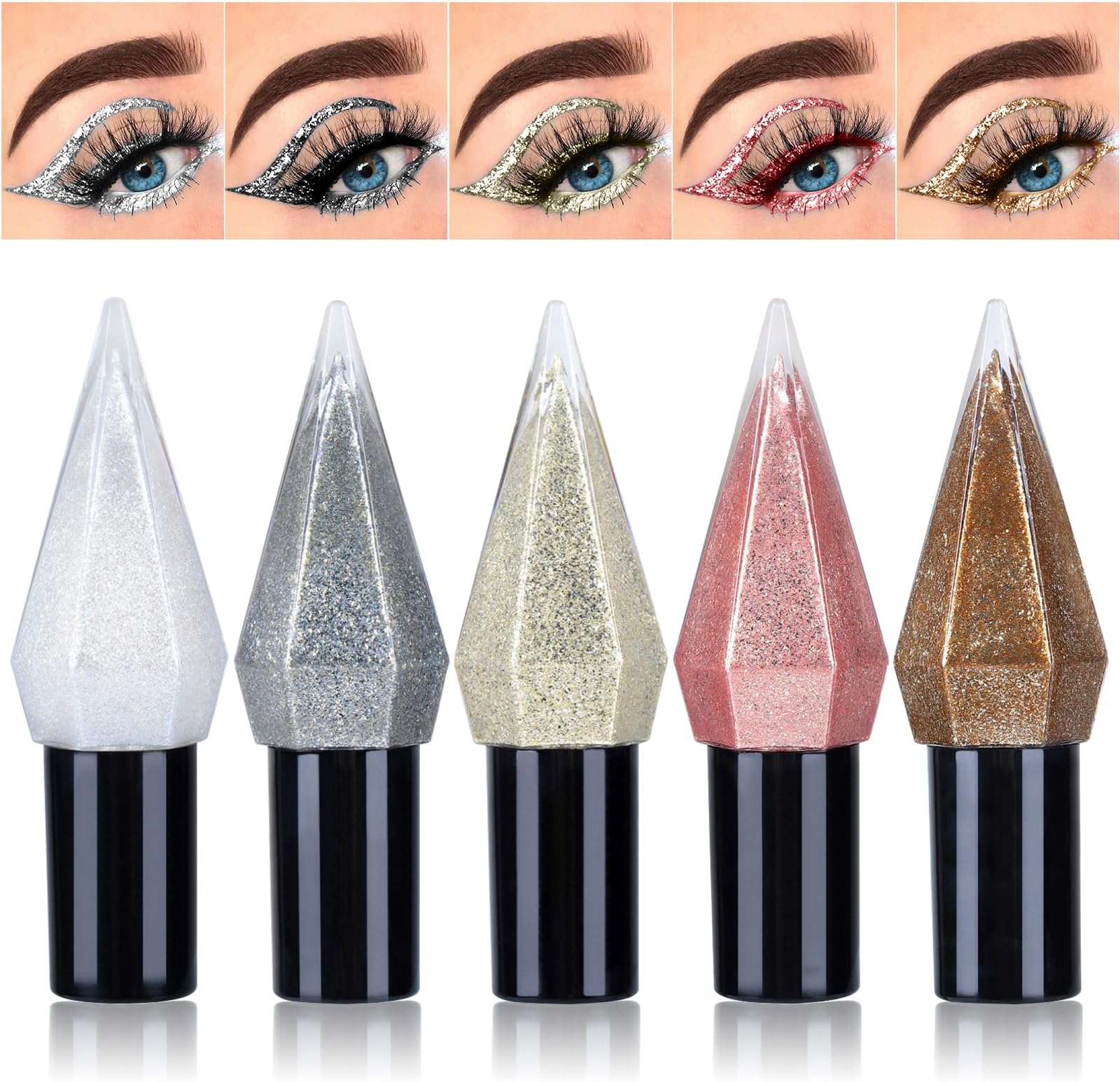 Glitter Liquid Eyeliner 5 Colors Set, Metallic Shimmer Glitter Eyeshadow, Colorful Smudge Proof Eye Makeup, Waterproof Long Lasting Shiny Eye Shadow Makeup for Women and Girls