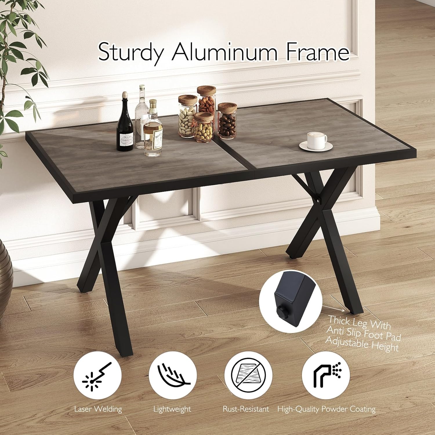 Aluminum Outdoor Dining Table - All-Weather Exposure, Waterproof and Rust-Proof Courtyard-Style Coffee Table Garden/Balcony/Poolside, Black 1 Pcs