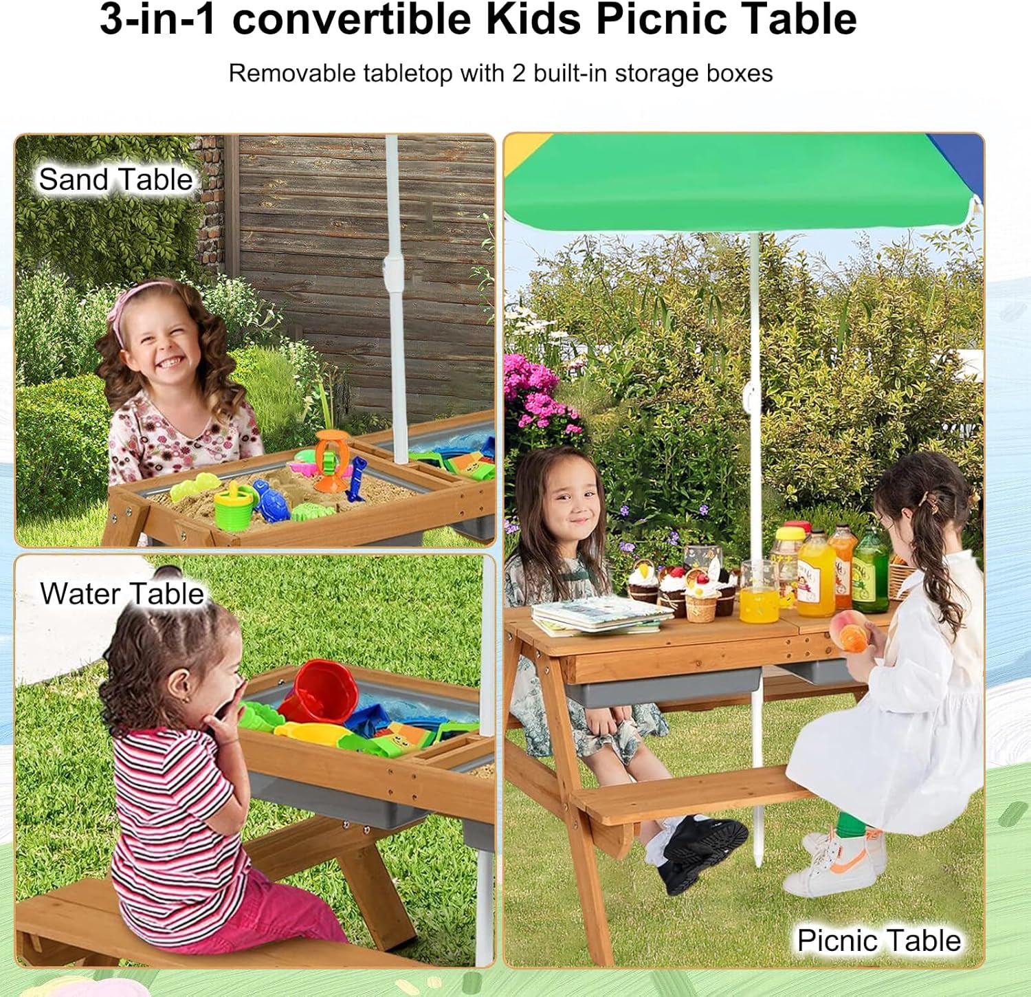 3-in-1 Picnic Table,Sand and Water Table with Height Adjustable Umbrella,Removable Tabletop, Kids Outdoor Tables & Chair Set, Picnic Table for Toddler, Patio, Backyard (Yellow & Green & Blue)