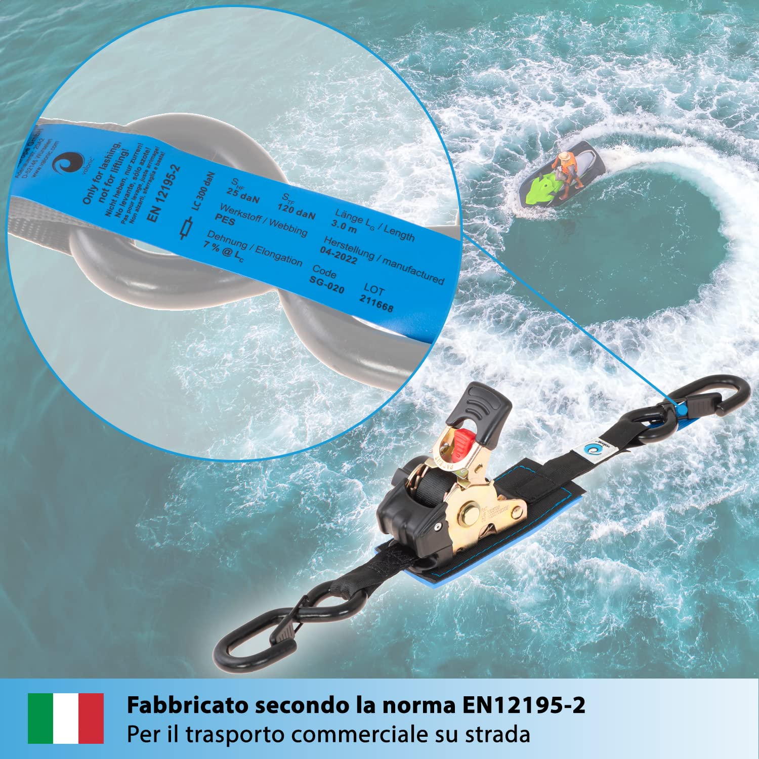 Cinghie Di Fissaggio Per Moto PANTHER - 2,25m X 38mm, Resistenza Fino A 650/1300 Kg, Con Ganci E Certificazione TÜV