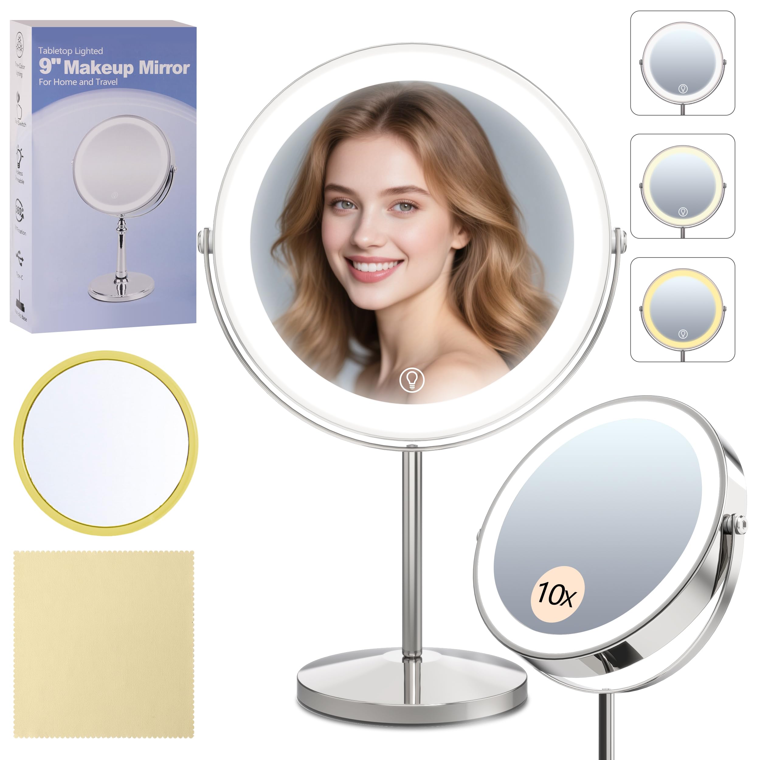 Miroir de maquillage lumineux grossissant avec luminosité réglable pour un teint parfait