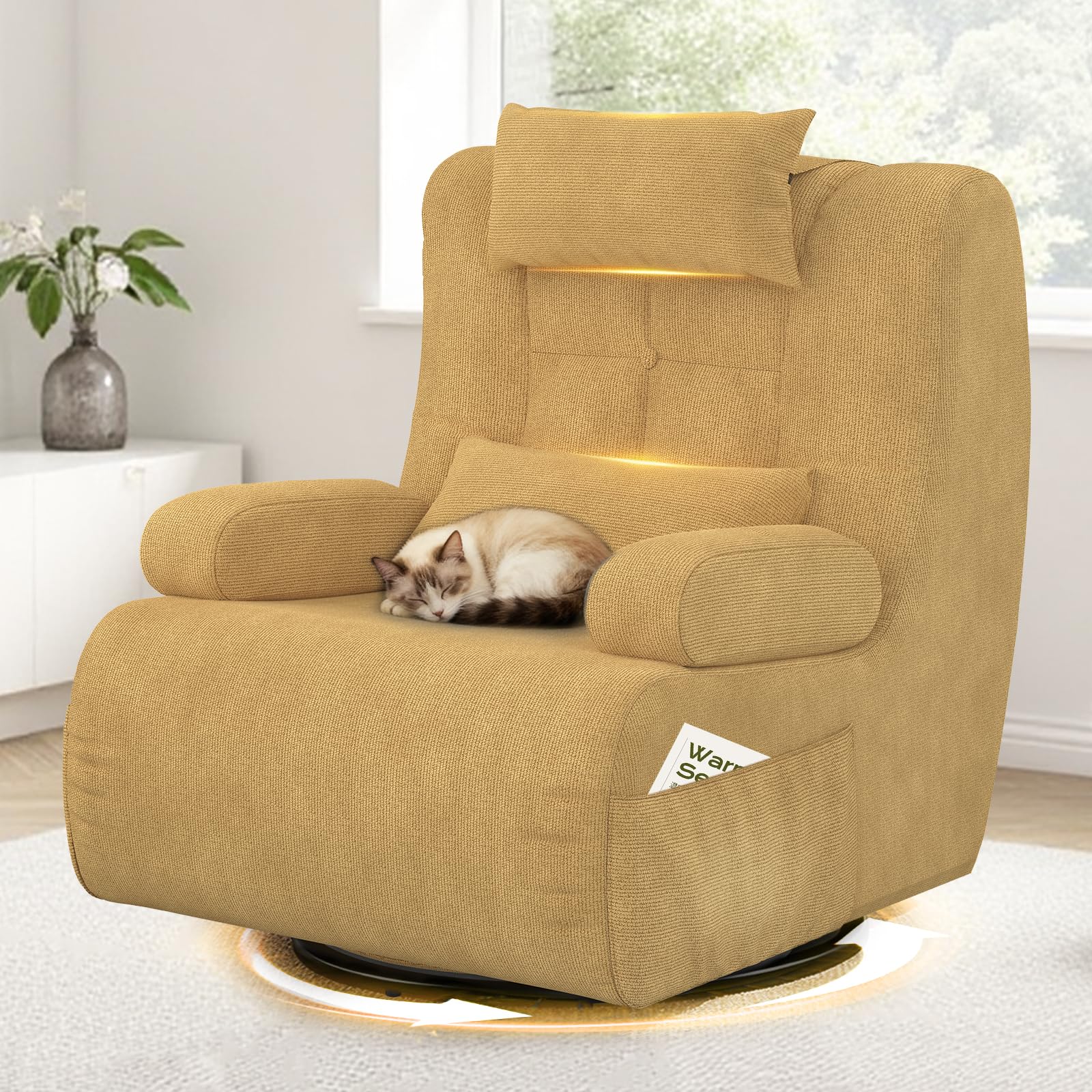 Relaxsessel,Fernsehsessel mit 2 zusätzlichen Kissen,2 Seitentaschen, 360°Drehbarer TV-Sessel für Wohnzimmer, Schlafzimmer, Heimkino, gepolsterter Hochlehner-Sessel, Moderner Lesesessel , Drehsessel