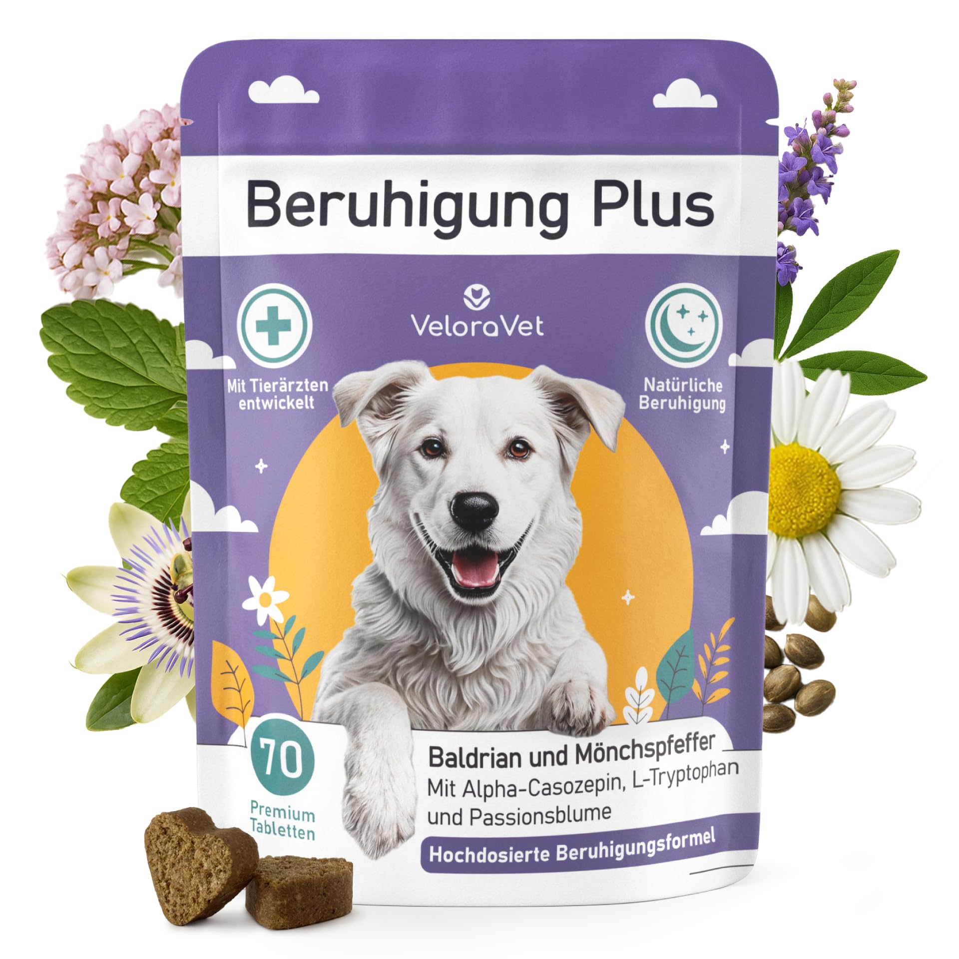 VeloraVet Beruhigungsmittel für Hunde mit Baldrian, Kamille - Natürliche Beruhigung & Seelenruhe als leckerer Snack für deinen Hund - Ideal bei Angst, Stress, Silvester, Autofahren - 70 Stück
