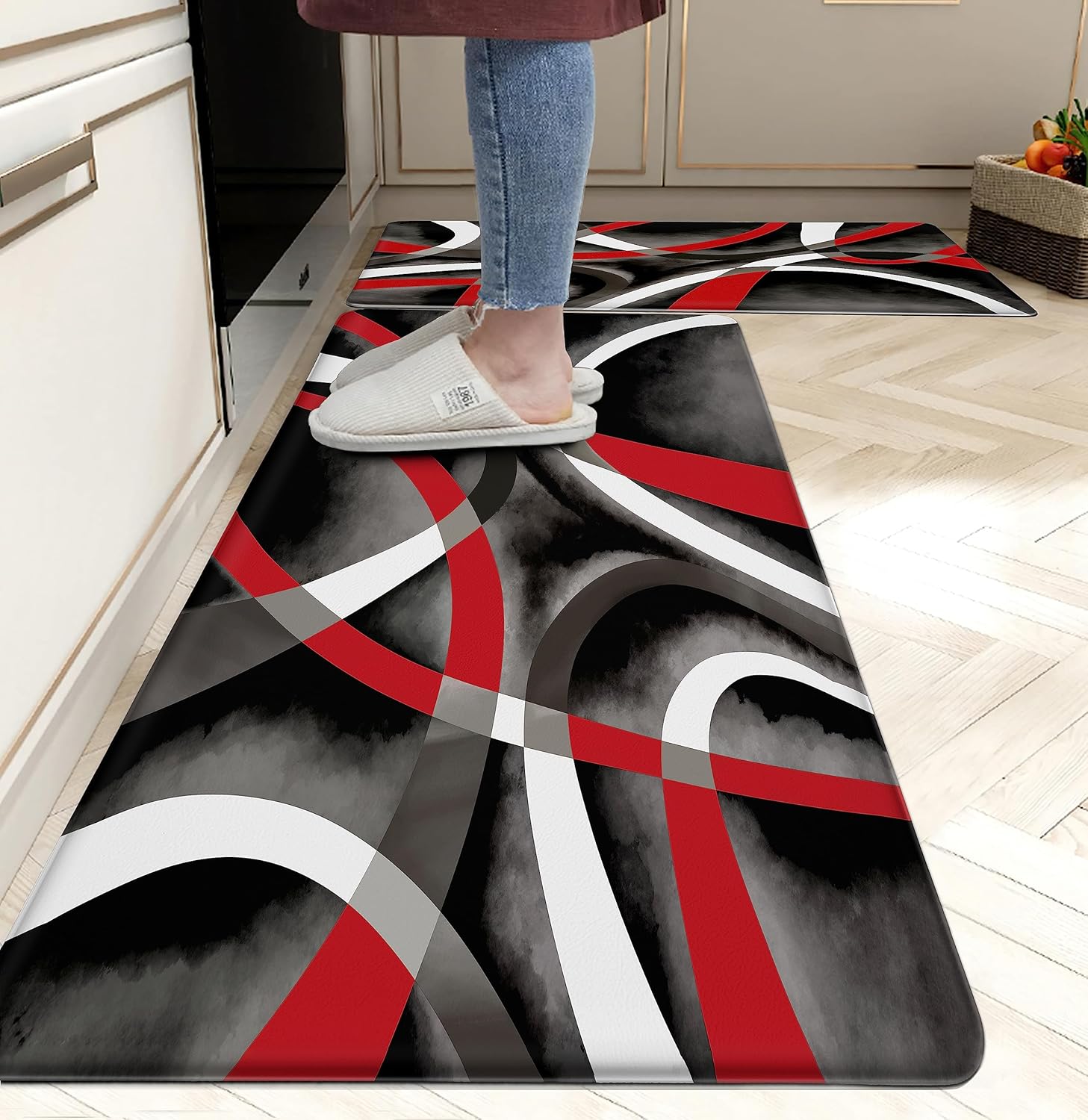 Red Black Kitchen Rugs Modern Abstract Circle Anti Fatigue Kitchen Mats Waterproof