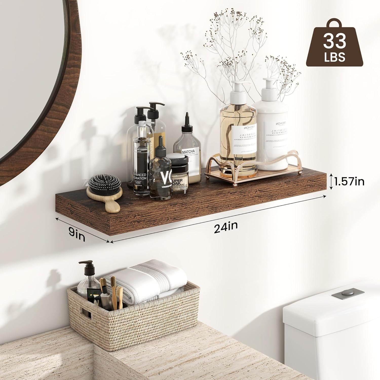 BROWN Heimlove 24 inch Floating Shelves for Wall,9.3 inch deep Brown Bathroom Over Toilet Shelf,Wall Mounted Rustic Wood Shelves for,Bedroom,Living Room,Kitchen,Office Decor Set of 2-Brown