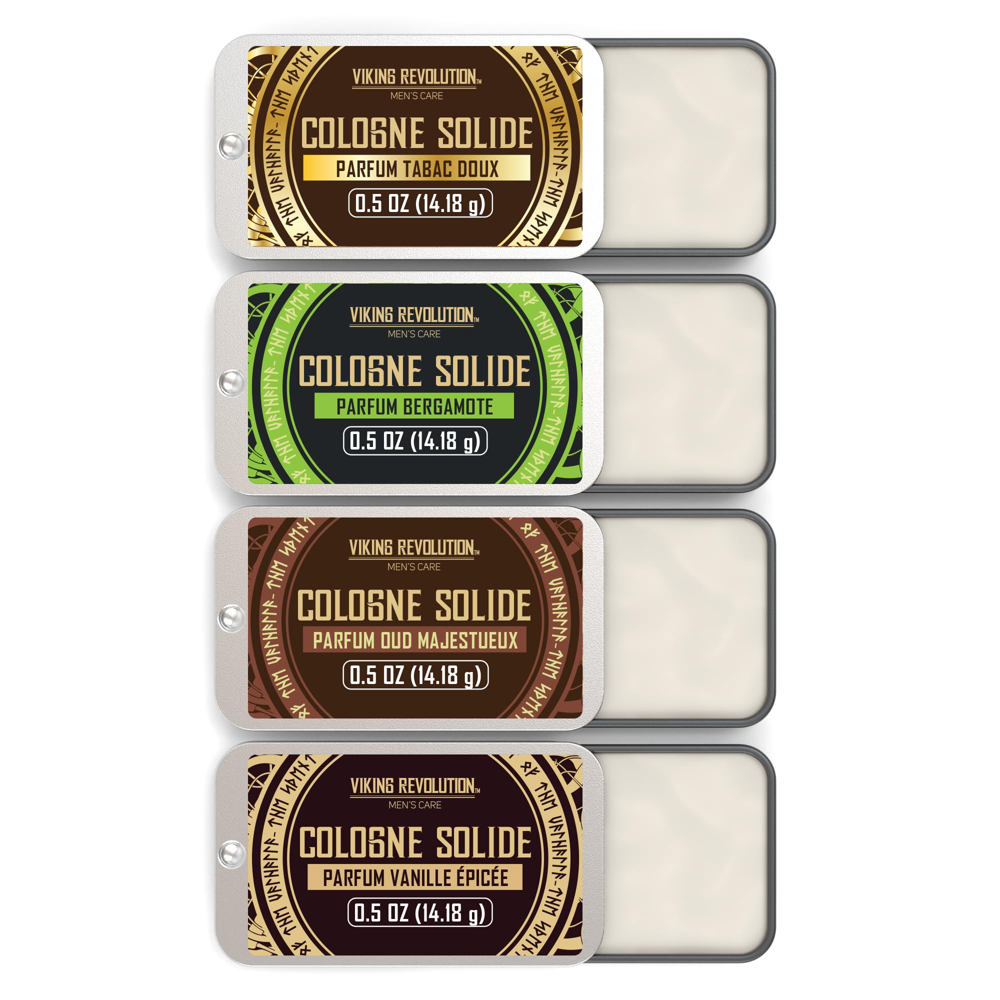 Viking Revolution - Parfum Homme - Parfum Solide - Cologne avec Vanille Épicée, Tabac Doux, Oud Majestueux, Bergamote - Cadeau Homme - 4 x 14 g