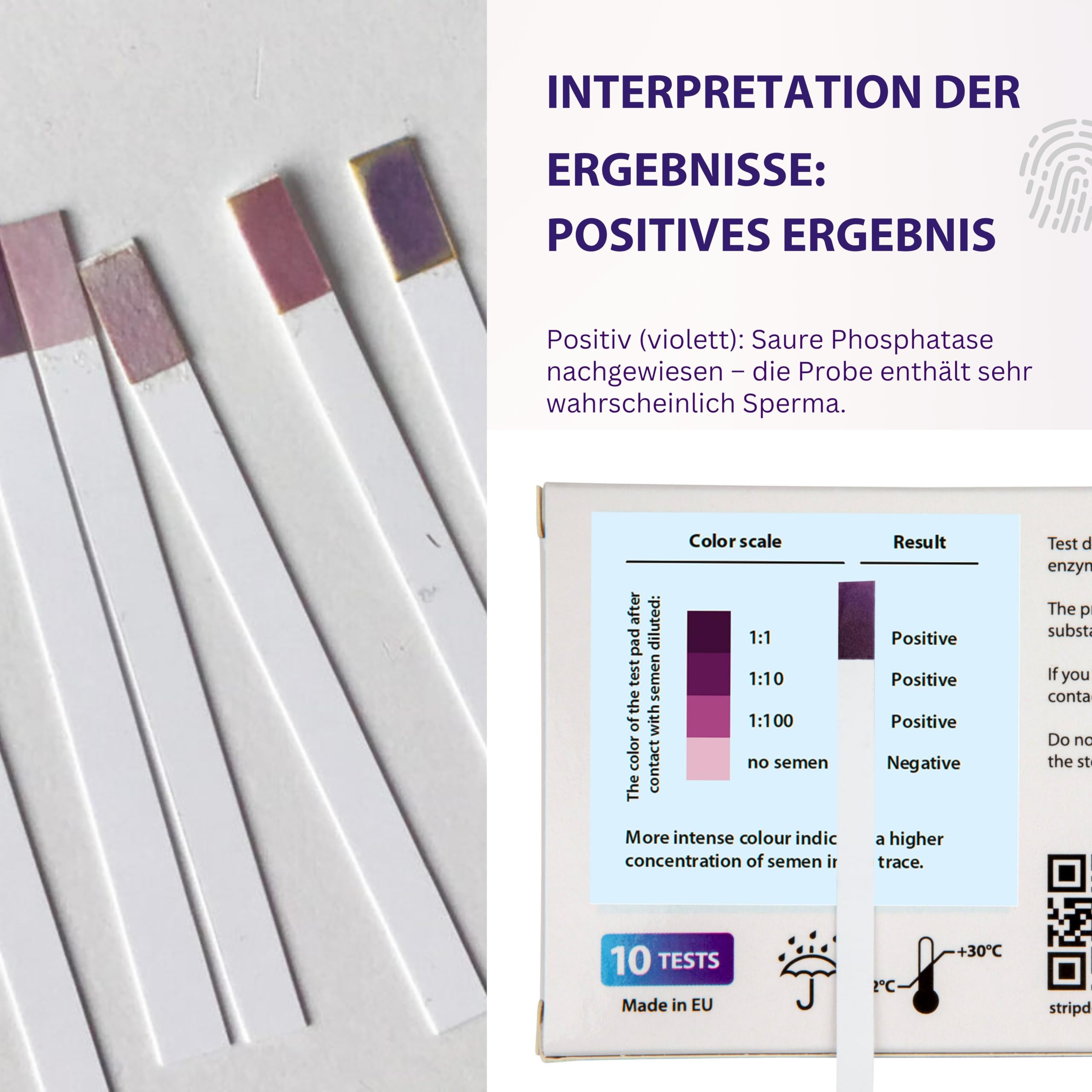 Home Verratstest – Spermanachweis-Heimtest, 10 Teststreifen + Sprühflasche – Ergebnis in 2 Min – Nachweis saurer Phosphatase auf Textilien & Oberflächen – diskret & einfach