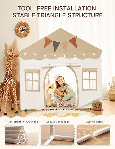 Miniatura 13 de Besrey Tienda de campaña para niños 2 en 1 con alfombrilla acolchada y luces, casa de juegos grande para niños con 2 puertas y 4 ventanas