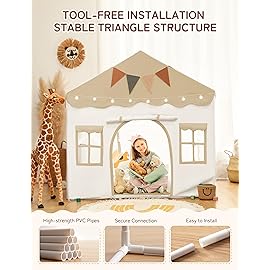 besrey Kids Play Tent 2 in 1 with Padded Mat and Lights, Large Kids Playhouse with 2 Doors & 4 Windows, Indoor & Outdoor, Christmas Toddler Tent, 51 x35 x 51 (Brown)