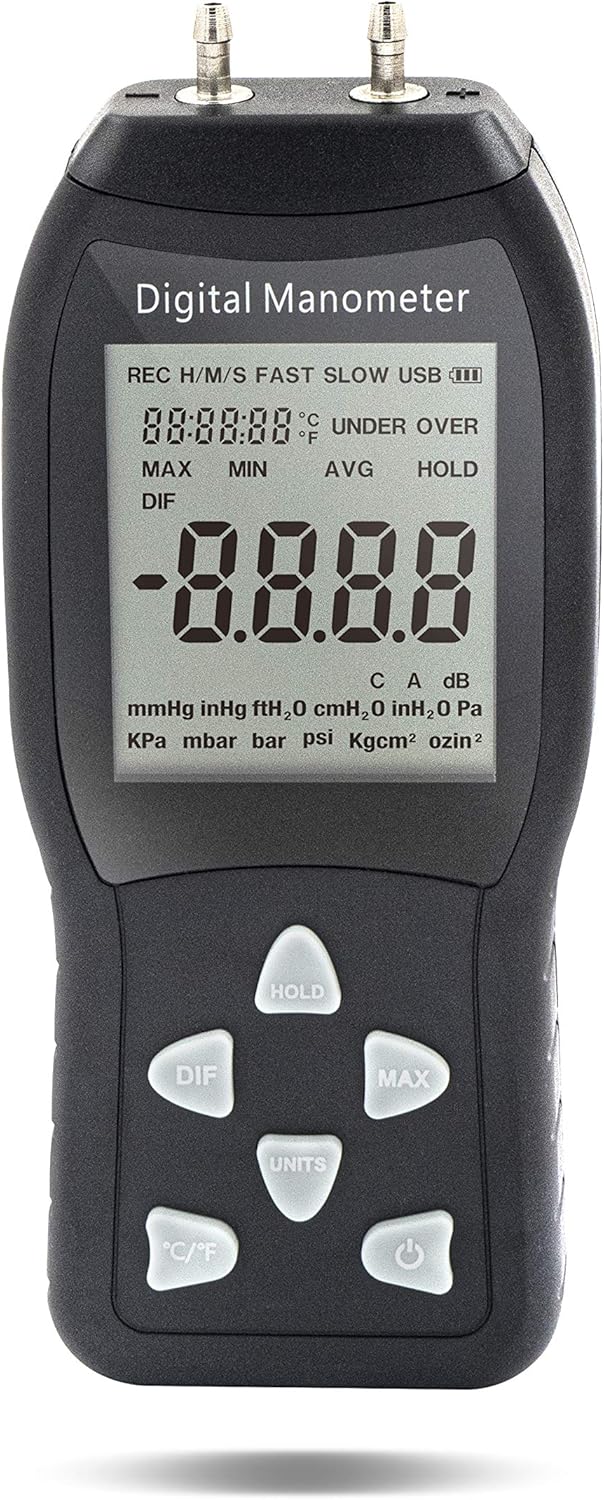 PerfectPrime AR1890 Professional Digital Air Pressure Meter & Manometer to Measure Gauge & Differential Pressure ±13.79kPa / ±2 psi / ±55.4 H2O