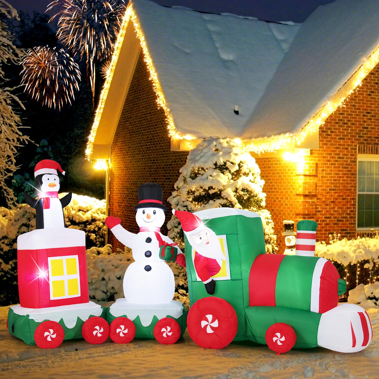 GOPLUS 3,5m aufblasbarer Weihnachtszug, Weihnachtsmann im Zug mit Schneemann und Pinguin, beleuchtete Weihnachtsdekoration XXL mit LED-Lichtern, Gebläse und Sandsäcken, für Innen und Außen