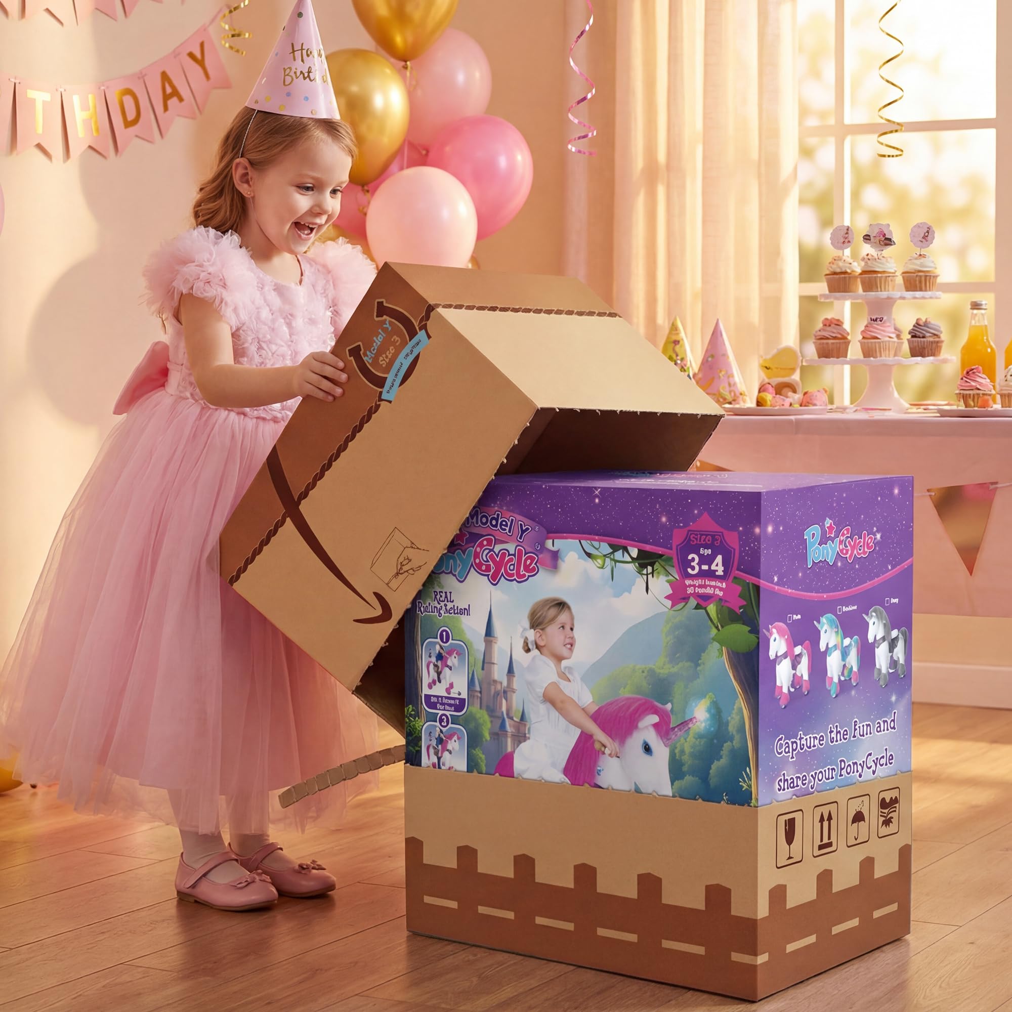 PonyCycle Modell Y Einhorn zum Reiten | Grau | 3-4 Jahre | mit Bremse | Reit-Einhorn für Kinder, Pailletten-Horn & 4 Sounds, beweglicher Sattel, Handbremse, leise Räder, Indoor & Outdoor, Größe 3