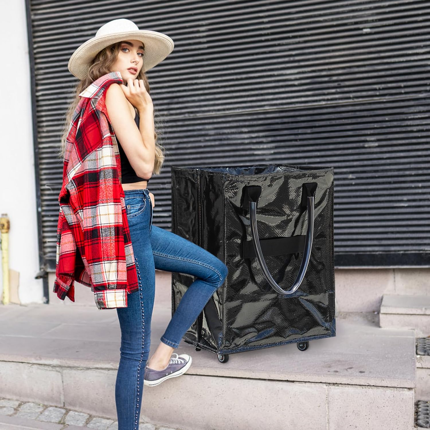 Reusable Grocery Bag On Wheels,Shopping Trolley with Zipper Closure,Rolling Tote,Lightweight&Foldable,Unbreakable Handles,66 lb Capacity(Large,Black)