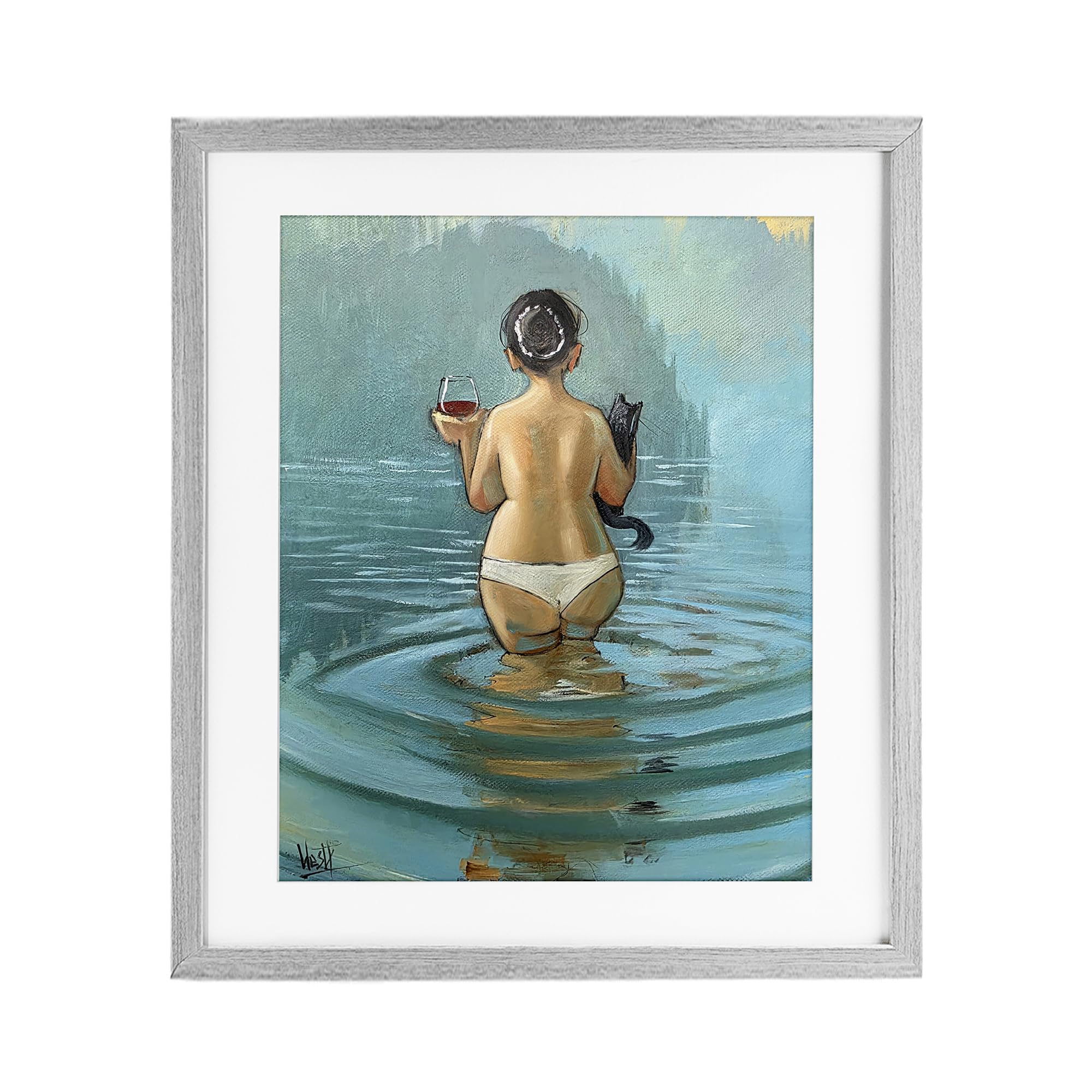 Stupell Industries Farmhouse Gray (Textured) 'Cat & Wine Dip At Twilight'| Framed Print Under Glass