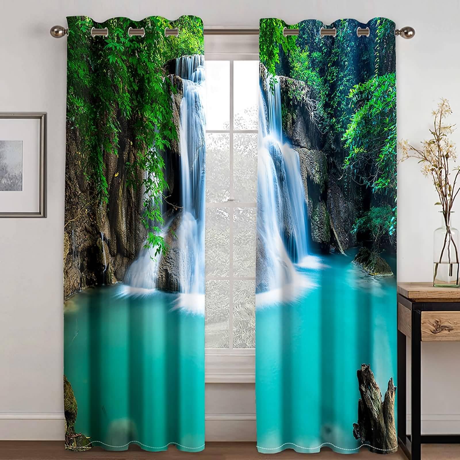 Fenstervorhänge Modern, 214x214cm Grün Weiß Natürliche Wasserfalllandschaft Vorhang für Schlafzimmer