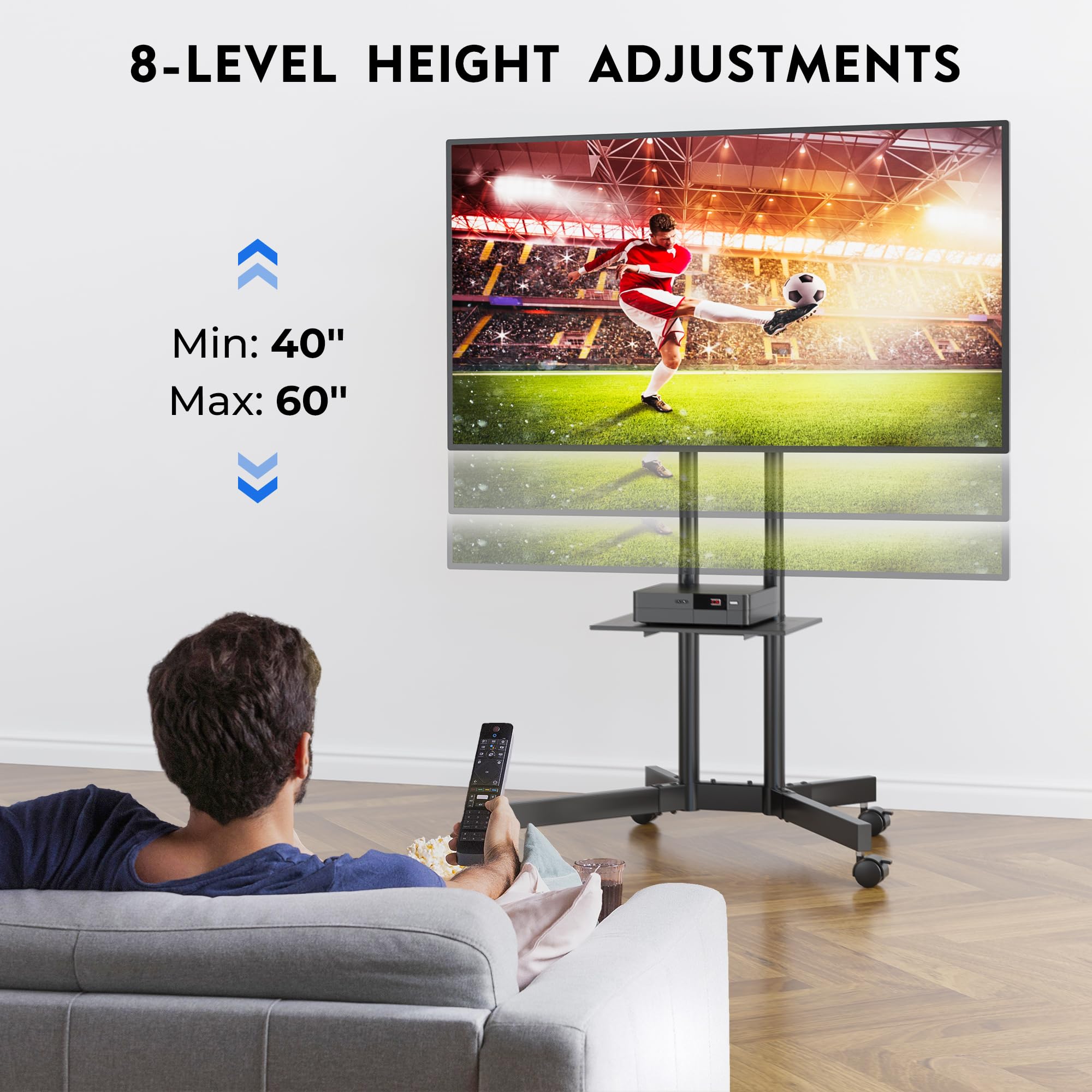 BONTEC Supporto TV da Pavimento con Ruote per TV LCD LED OLED da 32-85 Pollici, Ripiano Regolabile in Altezza, Max VESA 600x400mm, Capacità 55kg, Carrello Porta TV con Sistema di Gestione dei Cavi